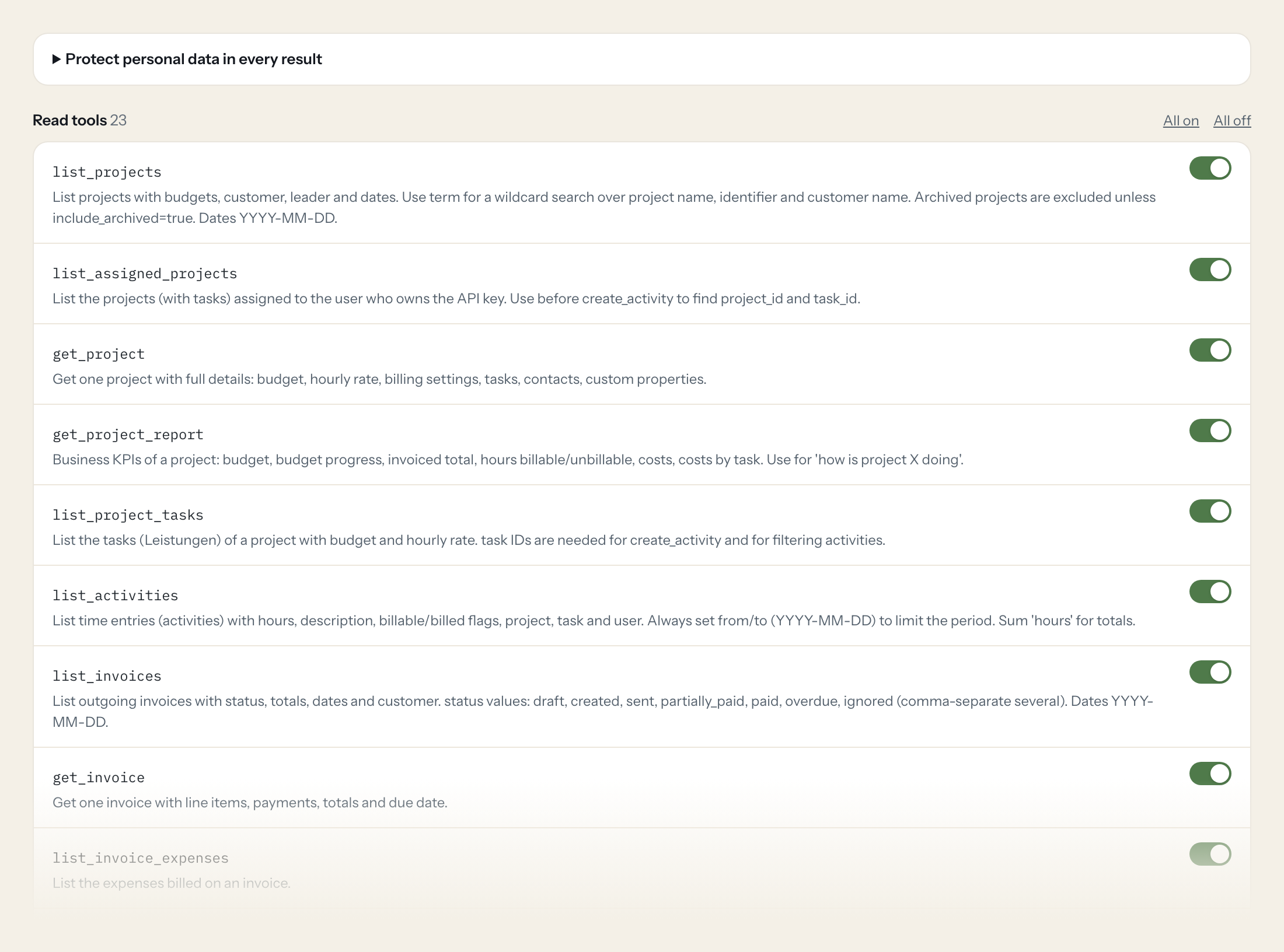 The Tools tab of the MOCO server in Loopthink: each tool with its own switch