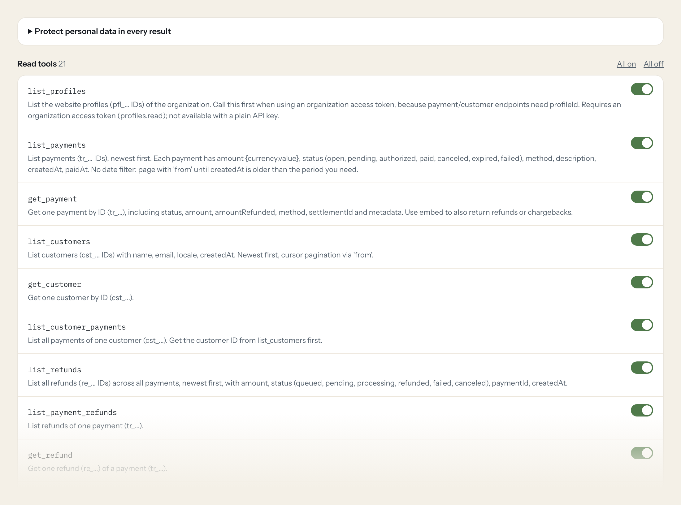 The Tools tab of the Mollie server in Loopthink: each tool with its own switch