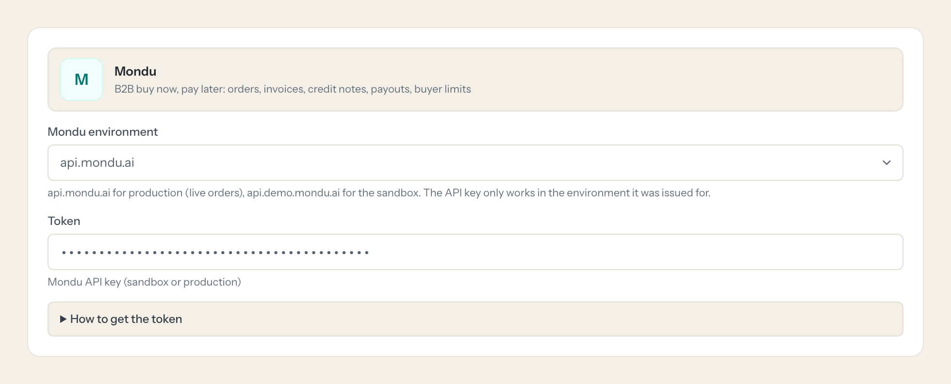 The Mondu connection form in Loopthink: mondu environment and the token