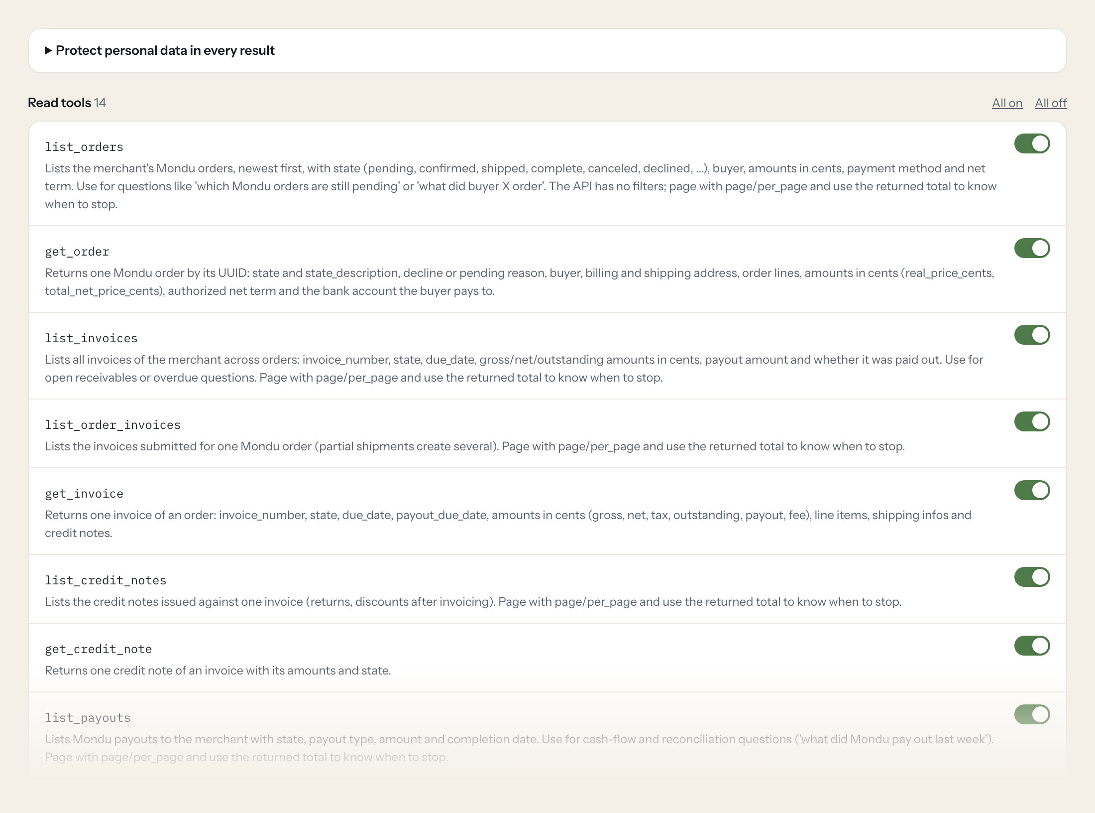 The Tools tab of the Mondu server in Loopthink: each tool with its own switch