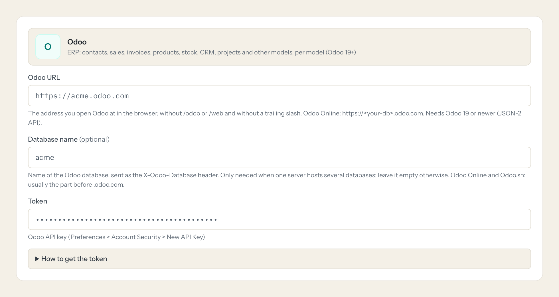 Das Odoo-Verbindungsformular in Loopthink: odoo url, database name und der Token