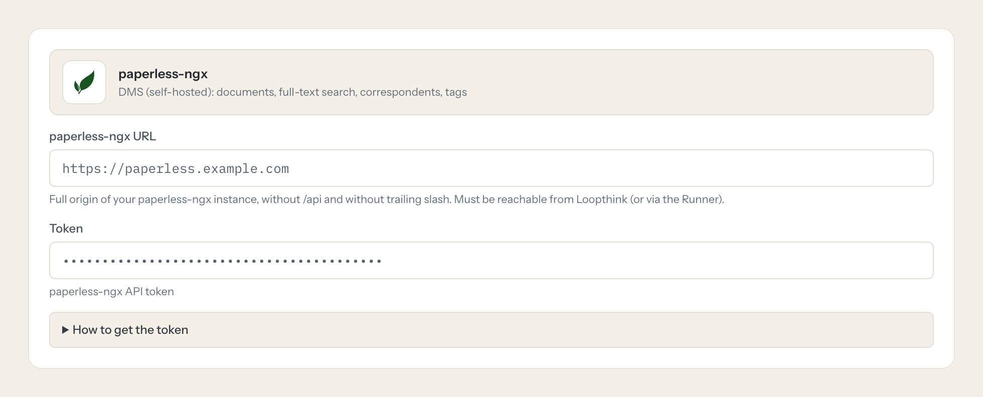 The paperless-ngx connection form in Loopthink: paperless-ngx url and the token