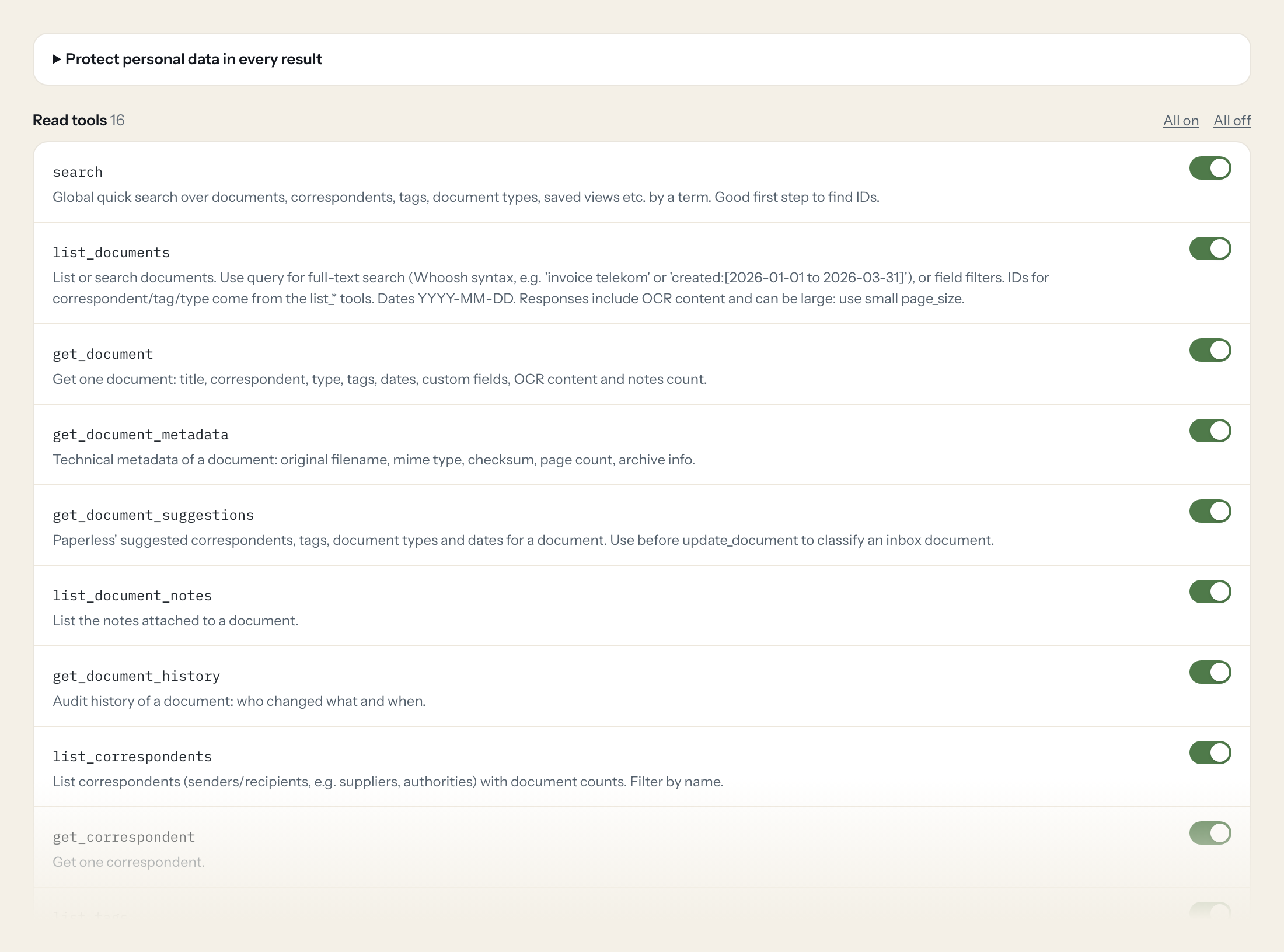 The Tools tab of the paperless-ngx server in Loopthink: each tool with its own switch