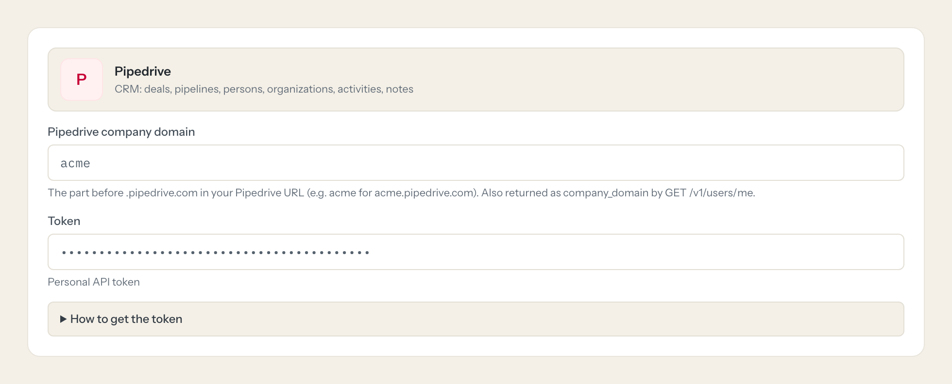 The Pipedrive connection form in Loopthink: pipedrive company domain and the token