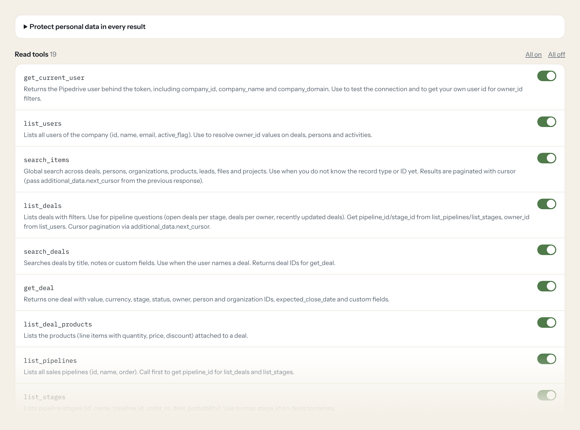The Tools tab of the Pipedrive server in Loopthink: each tool with its own switch