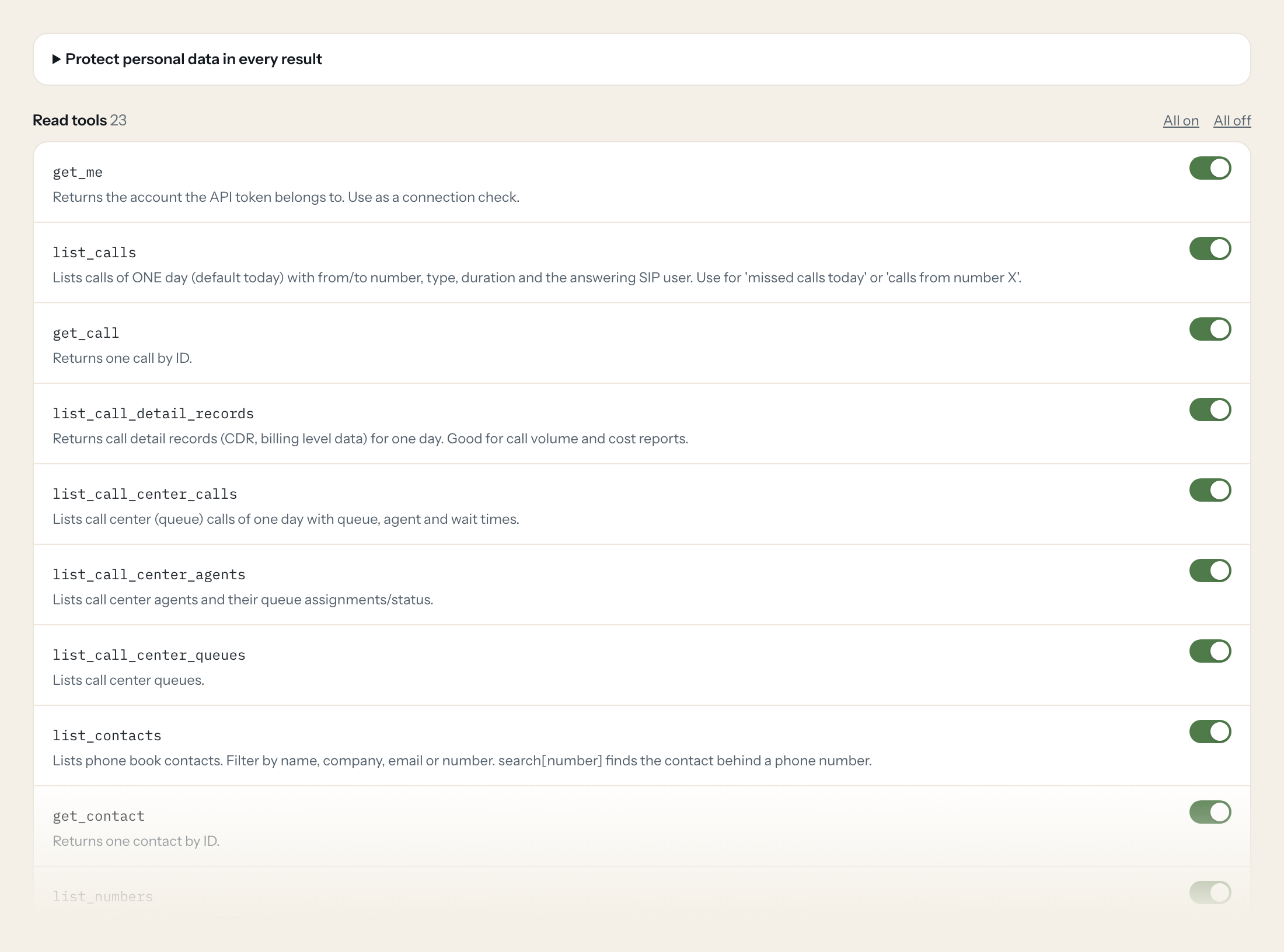 The Tools tab of the Placetel server in Loopthink: each tool with its own switch