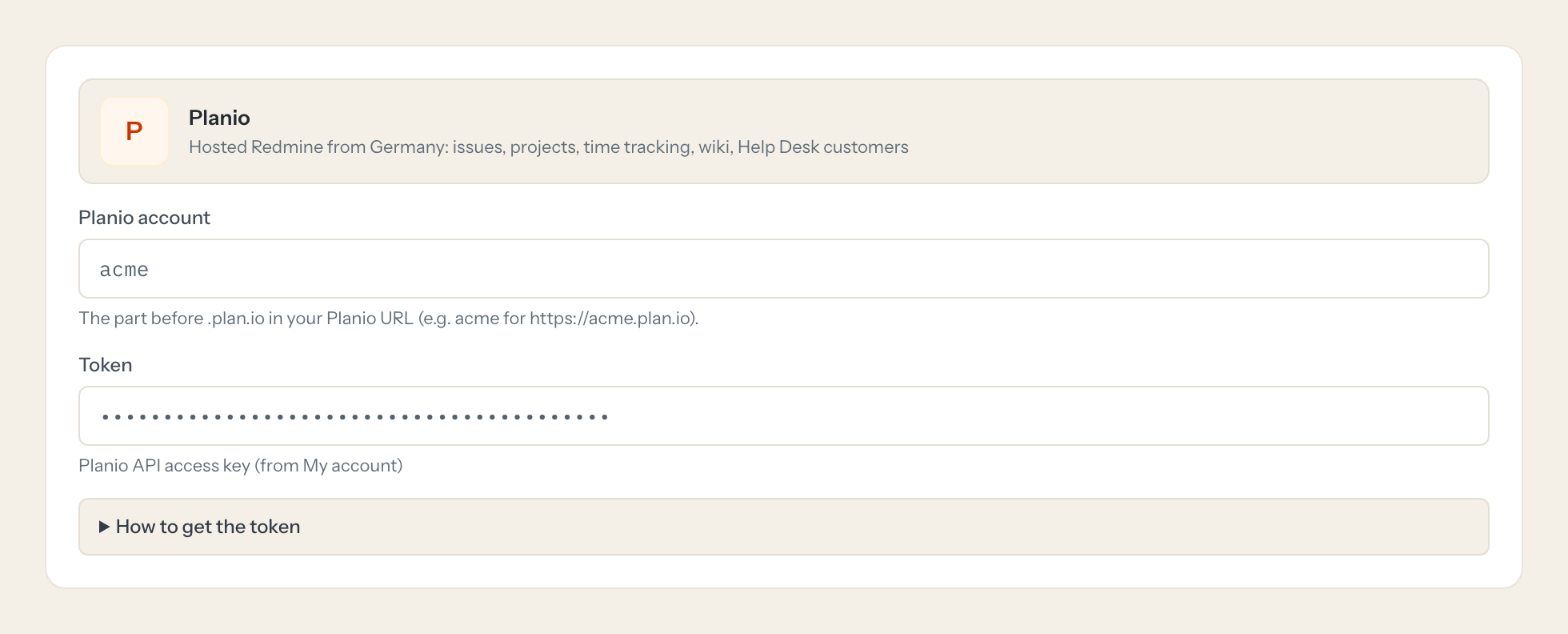 The Planio connection form in Loopthink: planio account and the token