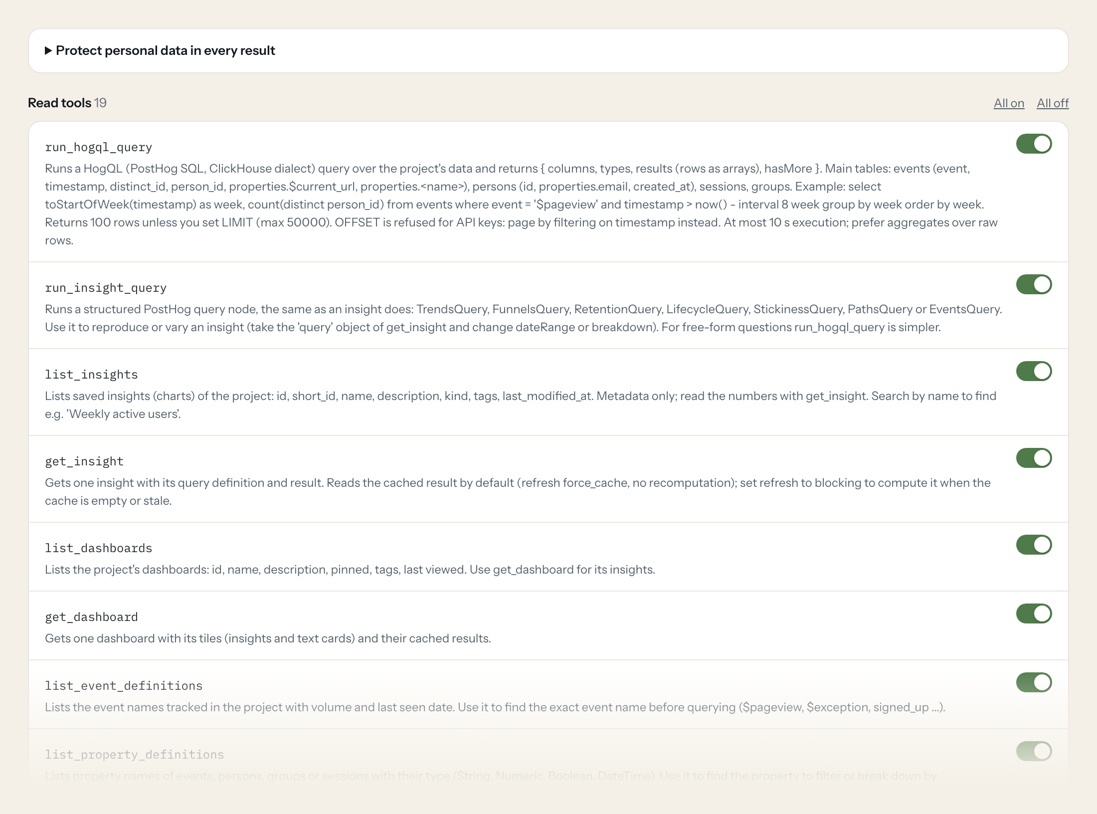 Der Tools-Tab des PostHog-Servers in Loopthink: jedes Tool mit eigenem Schalter