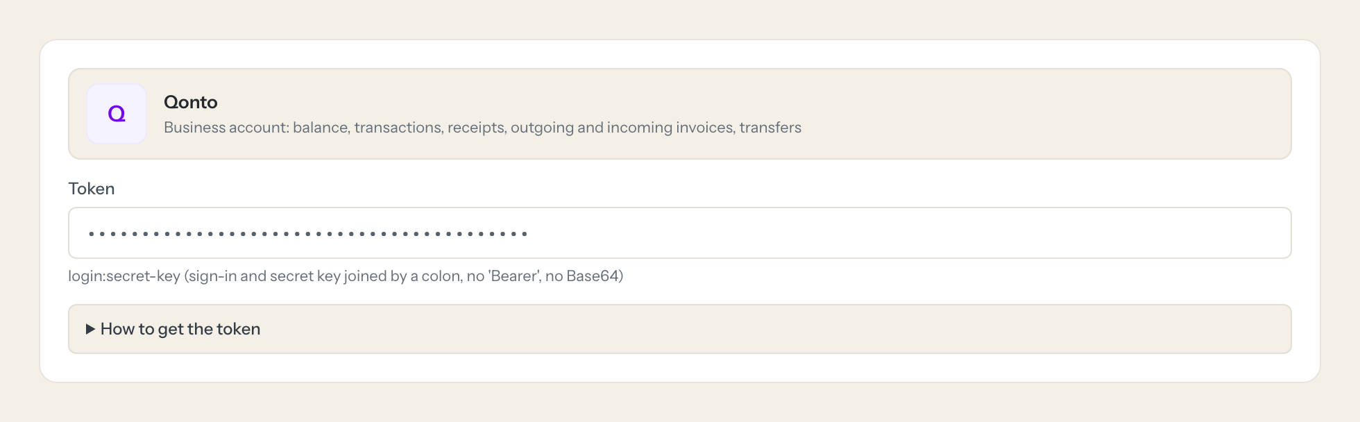 The Qonto connection form in Loopthink: the token
