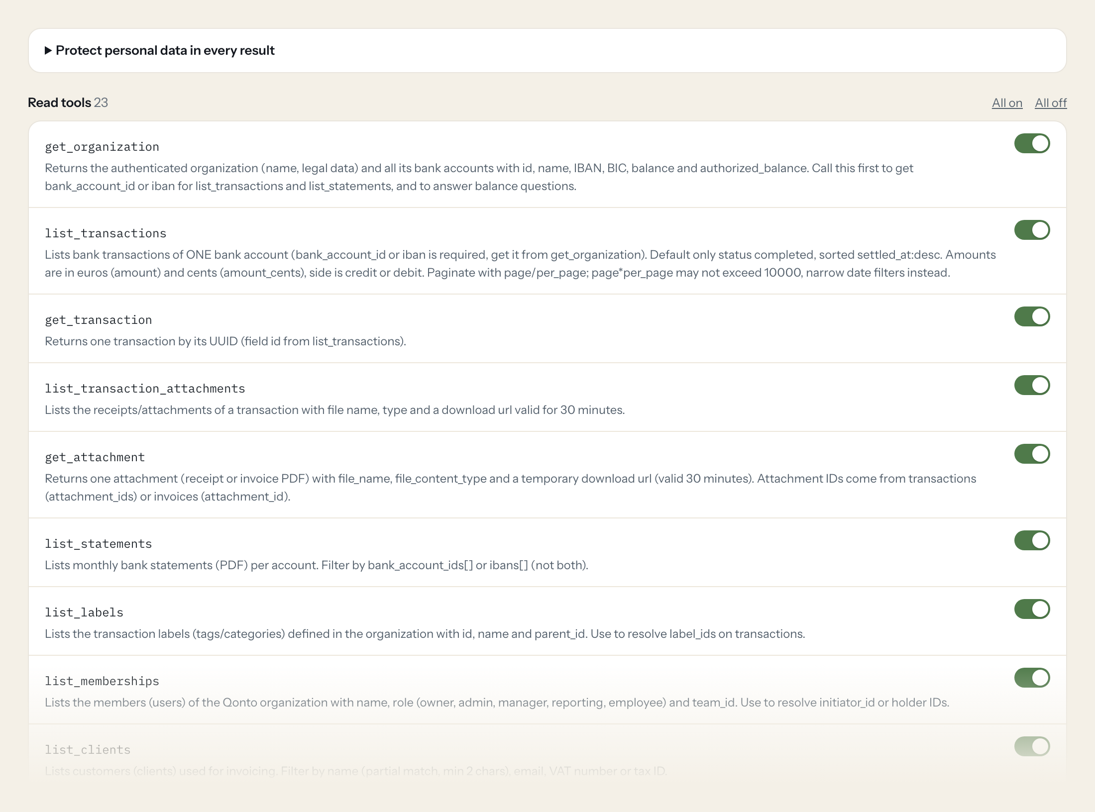 The Tools tab of the Qonto server in Loopthink: each tool with its own switch