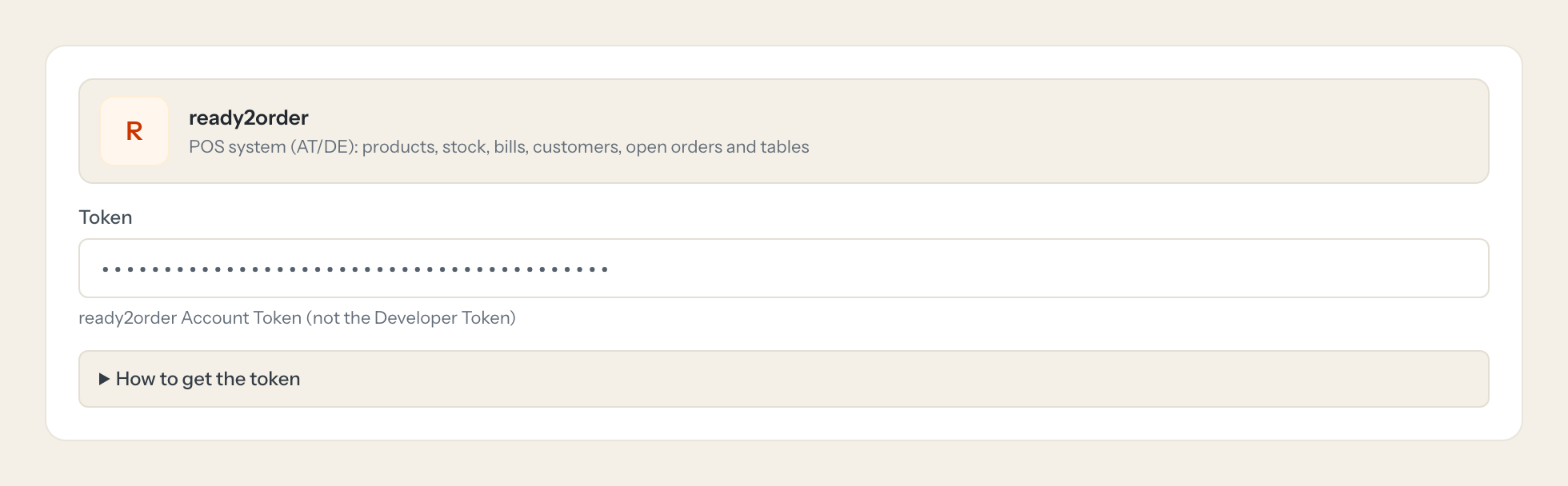 The ready2order connection form in Loopthink: the token