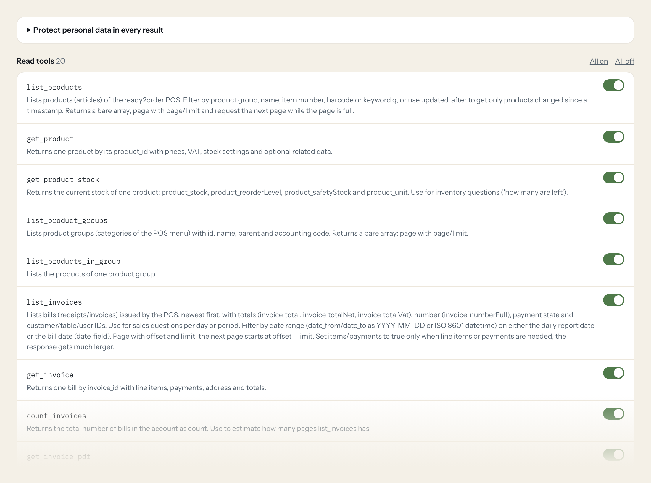 The Tools tab of the ready2order server in Loopthink: each tool with its own switch