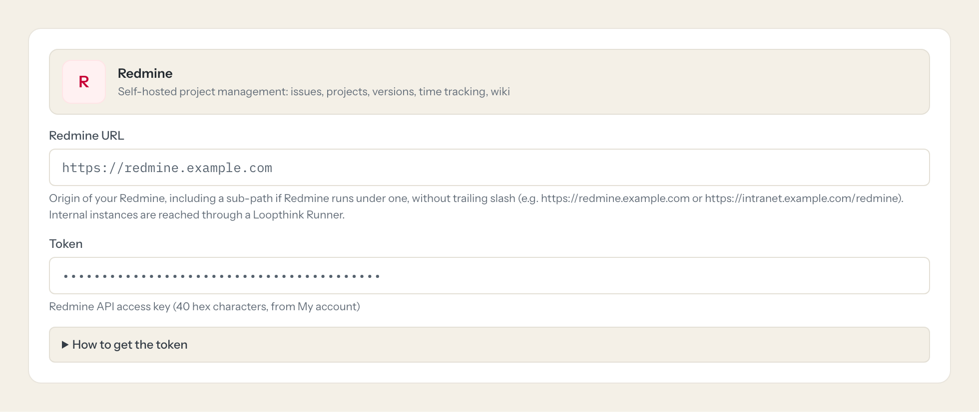 The Redmine connection form in Loopthink: redmine url and the token