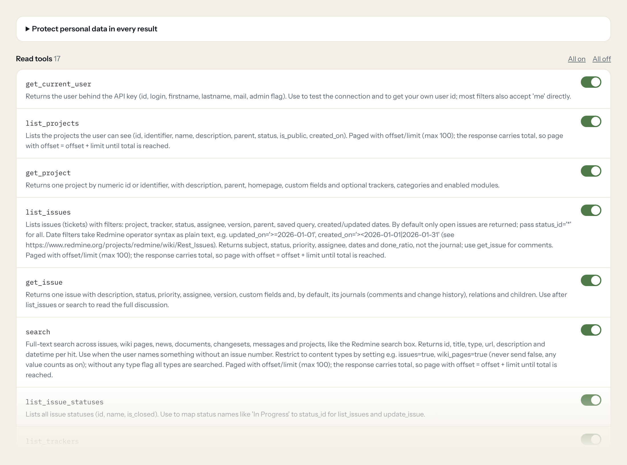 The Tools tab of the Redmine server in Loopthink: each tool with its own switch