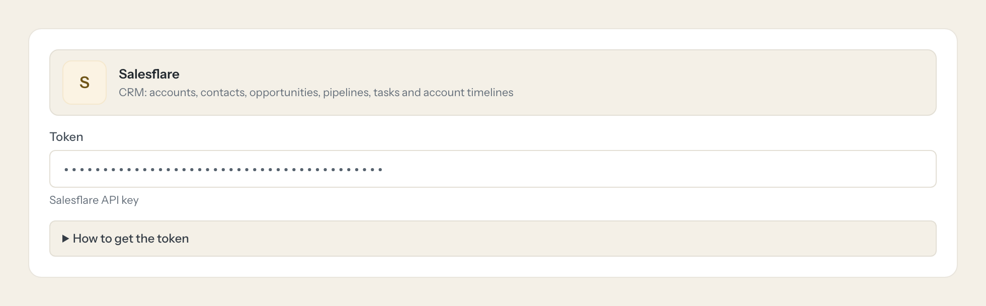 The Salesflare connection form in Loopthink: the token