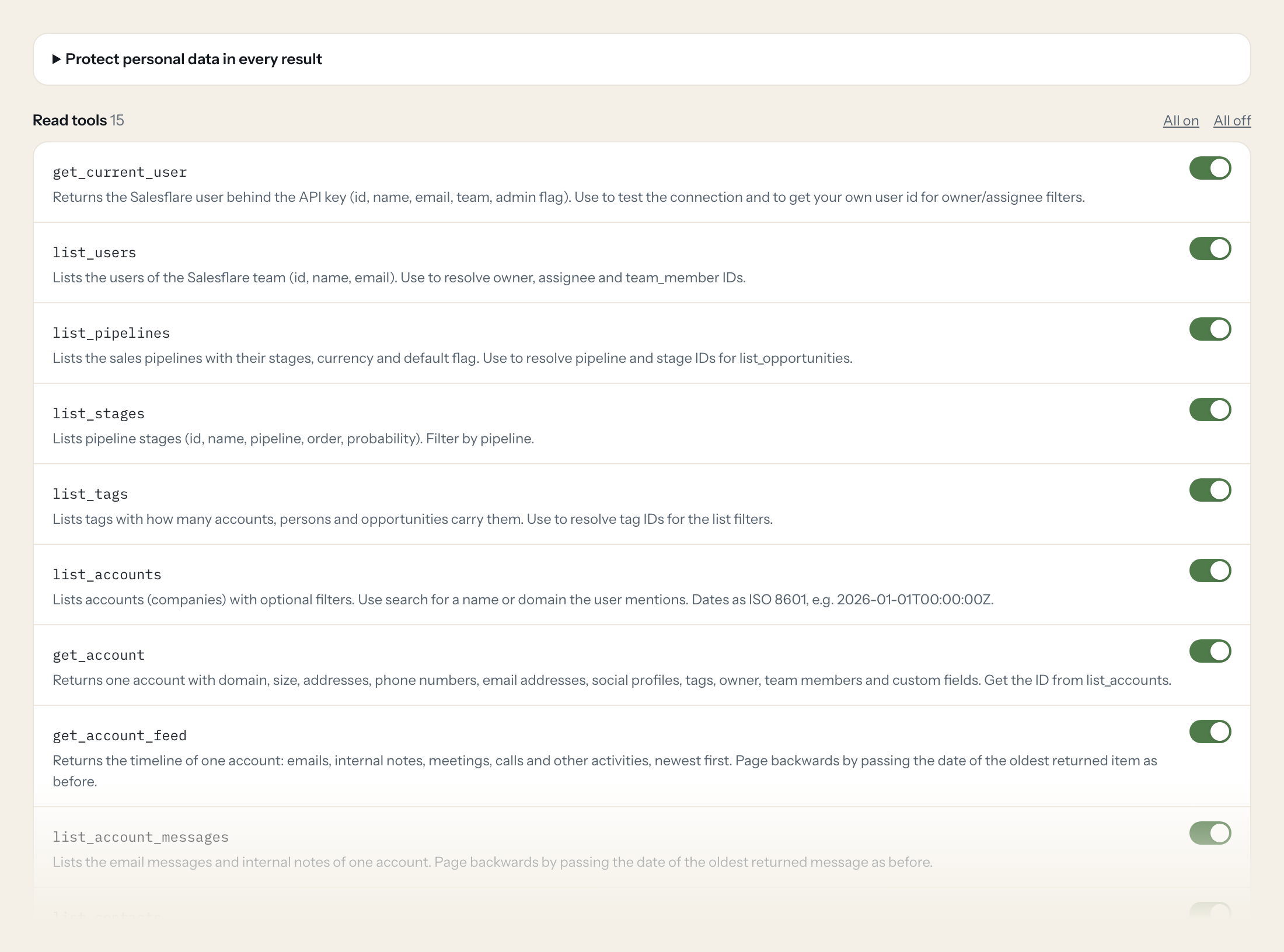The Tools tab of the Salesflare server in Loopthink: each tool with its own switch