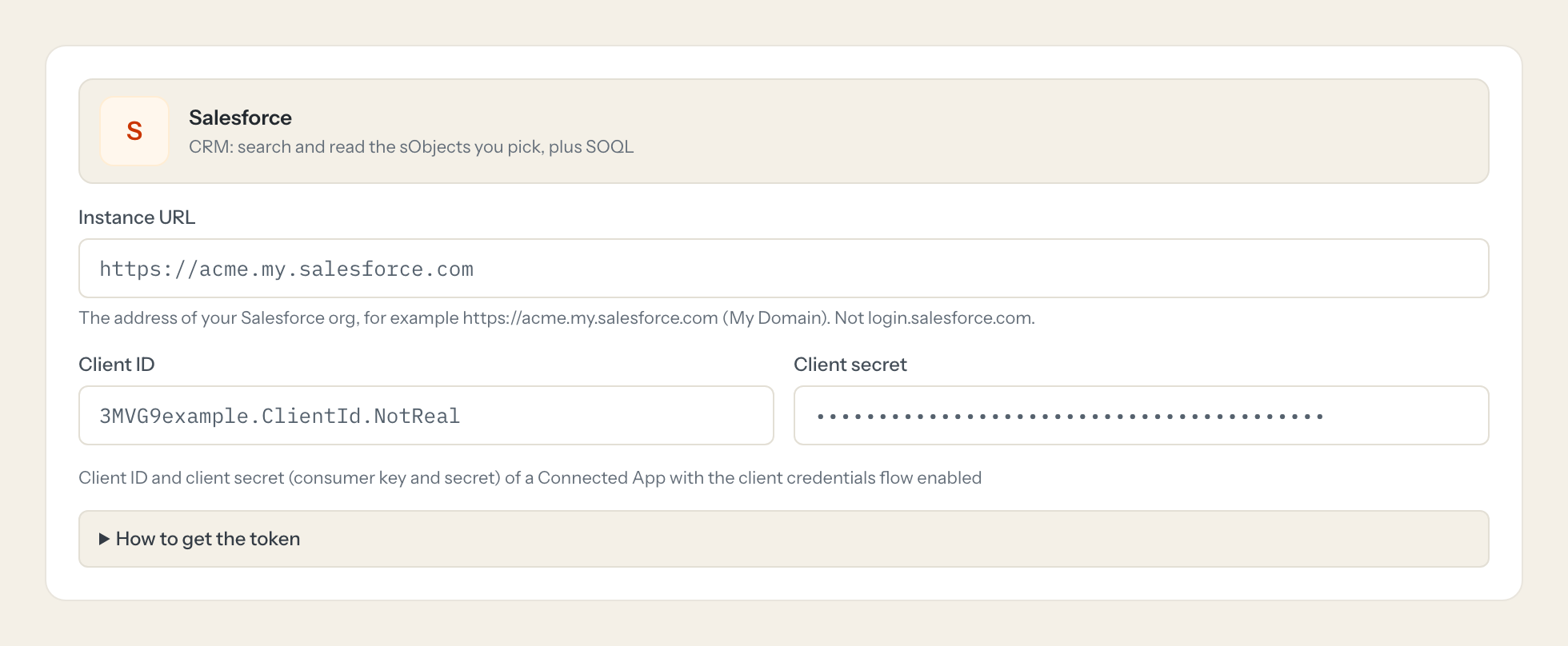 The Salesforce connection form in Loopthink: instance url and the token