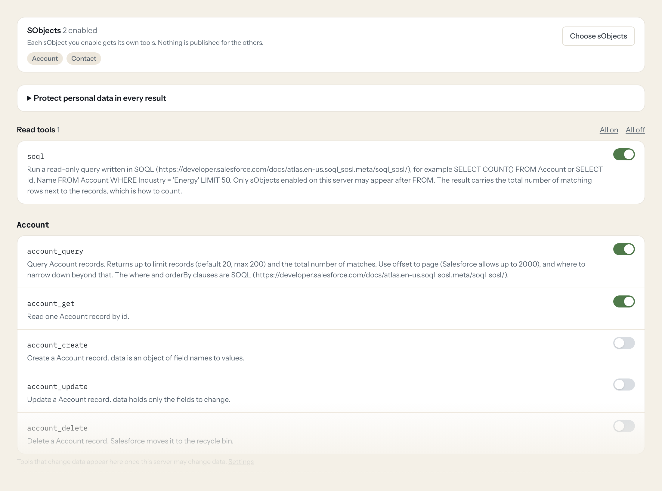 The Tools tab of the Salesforce server in Loopthink: each tool with its own switch