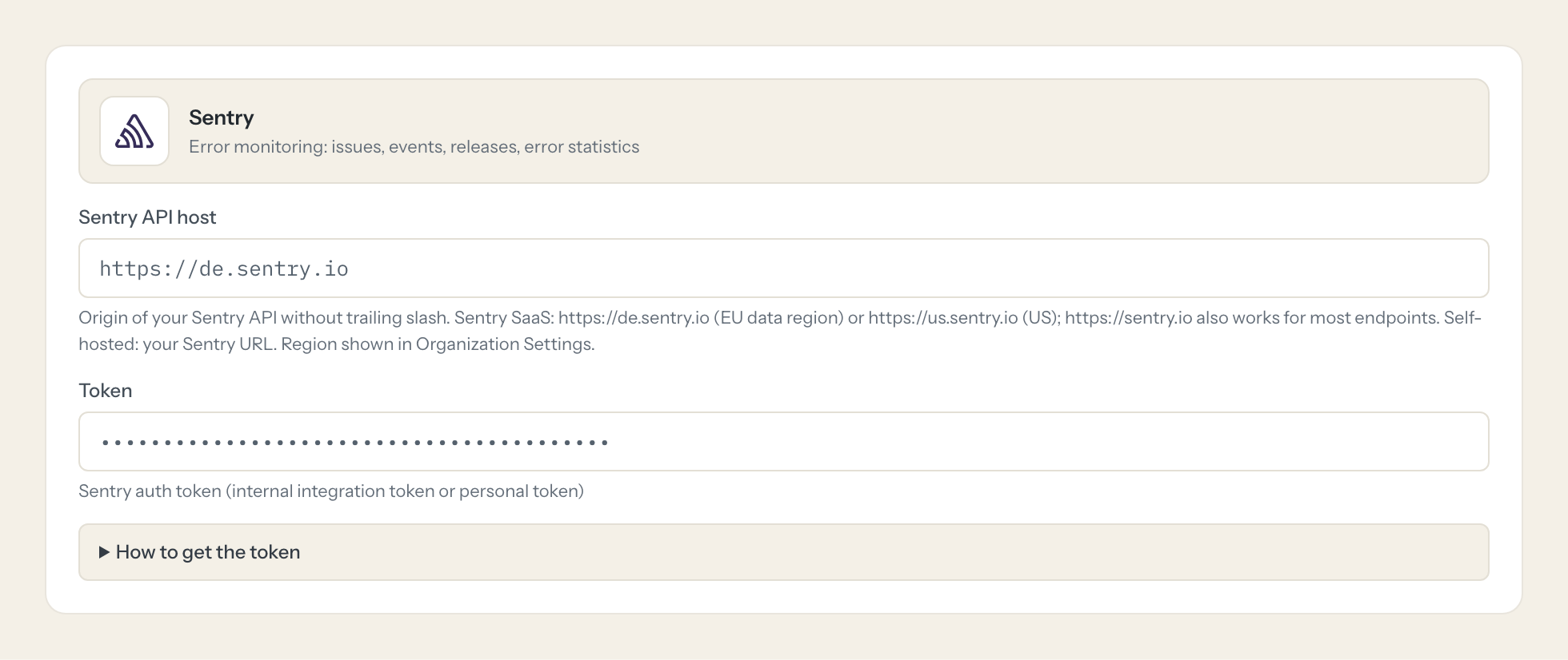 The Sentry connection form in Loopthink: sentry api host and the token