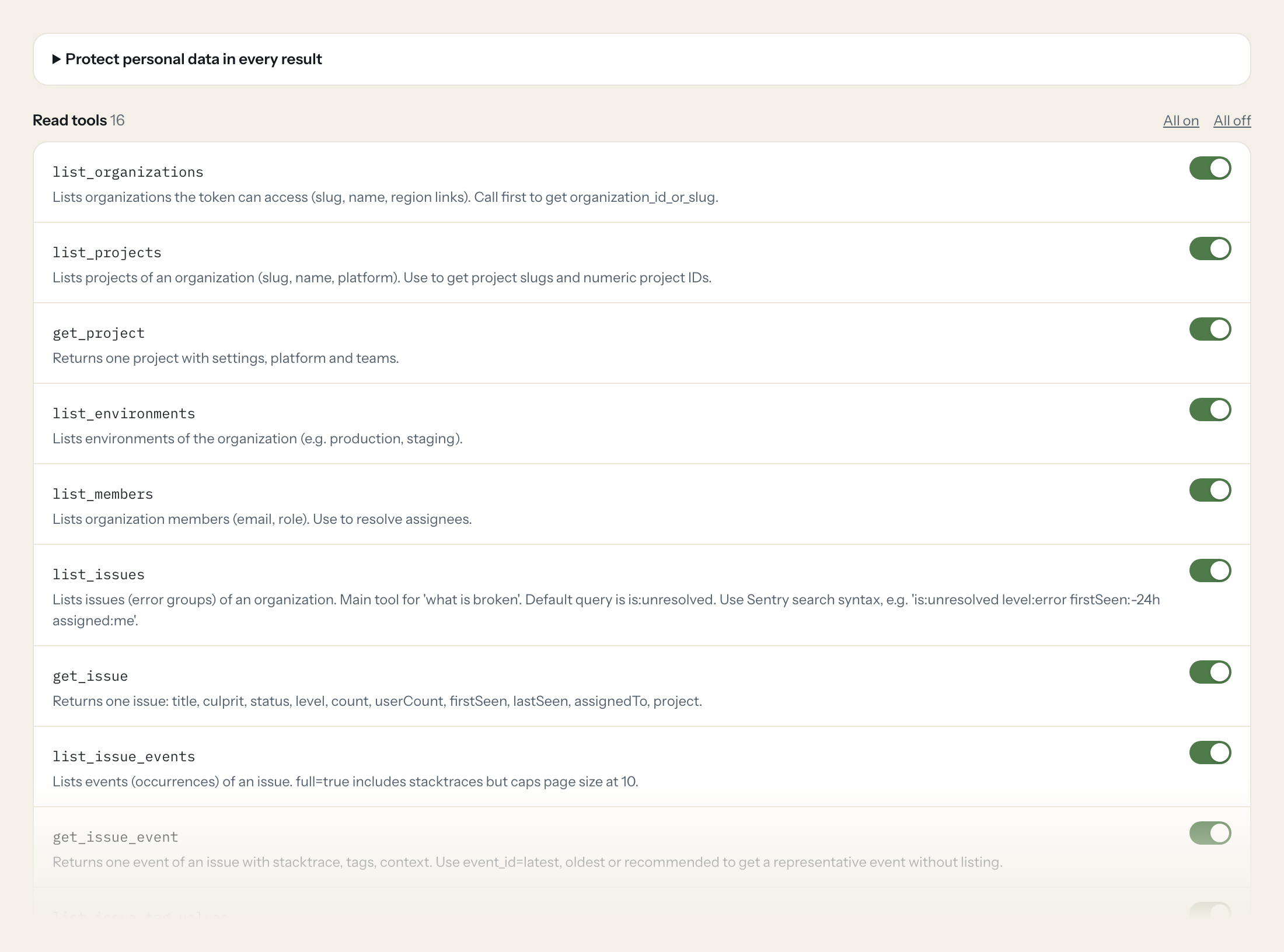 The Tools tab of the Sentry server in Loopthink: each tool with its own switch