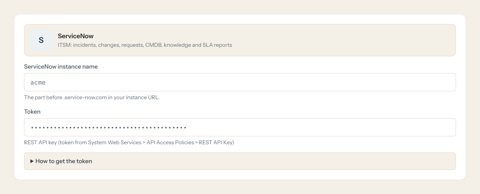 The ServiceNow connection form in Loopthink: servicenow instance name and the token