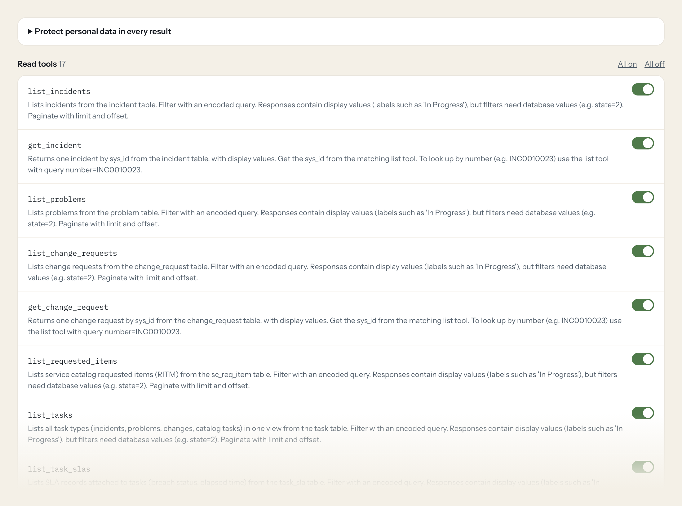The Tools tab of the ServiceNow server in Loopthink: each tool with its own switch