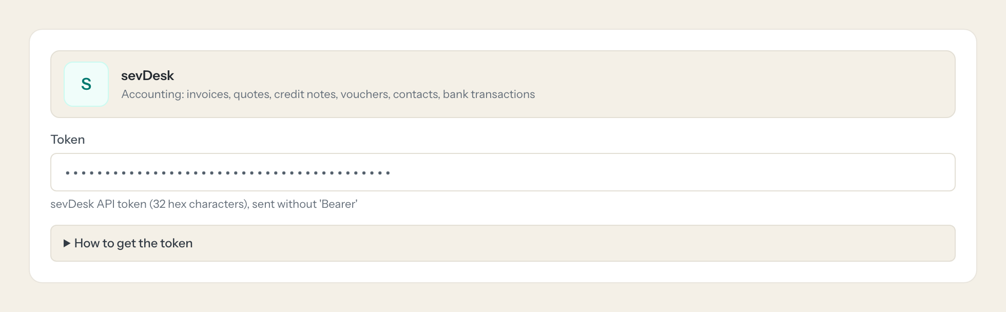 The sevDesk connection form in Loopthink: the token