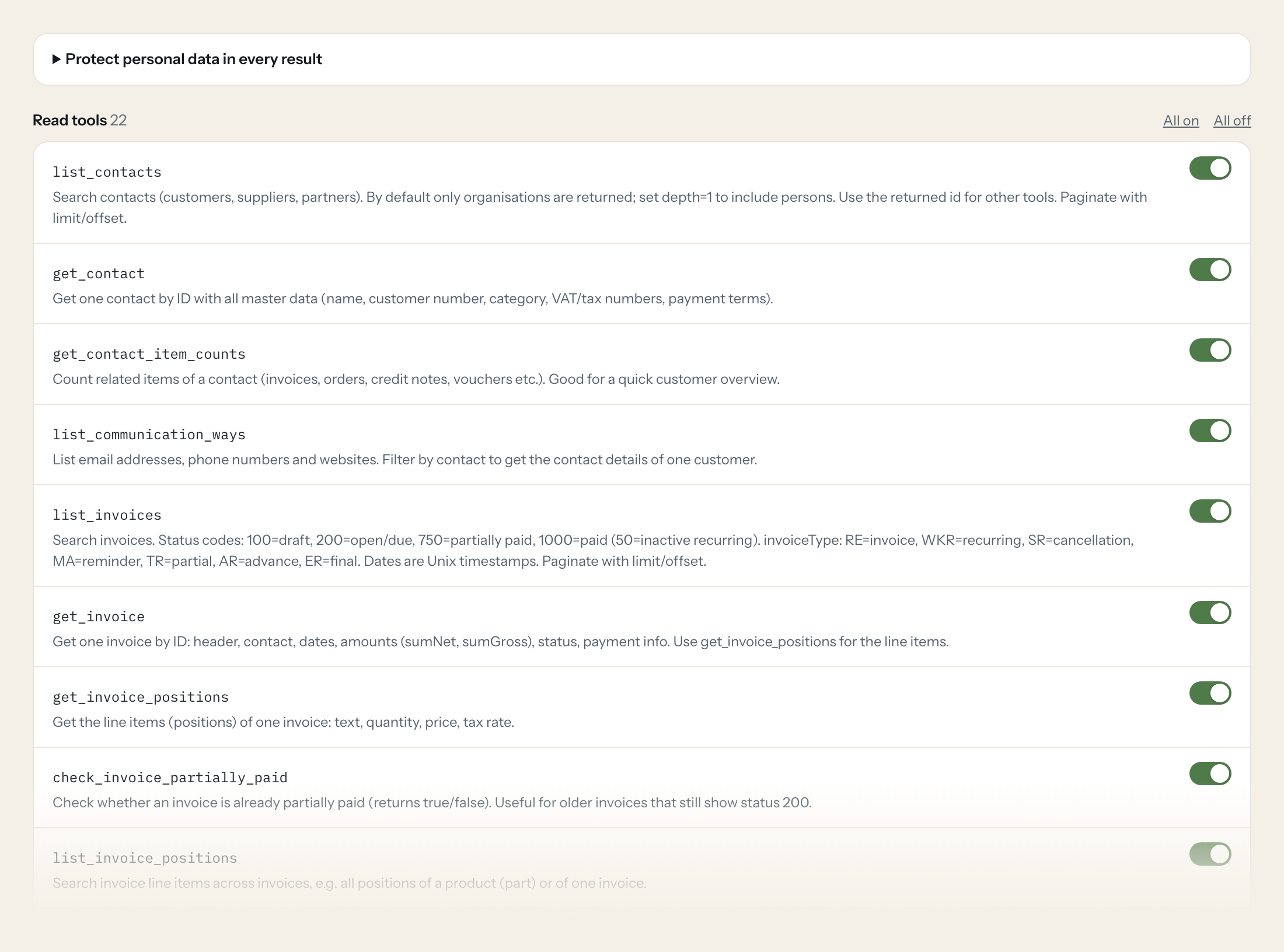 The Tools tab of the sevDesk server in Loopthink: each tool with its own switch