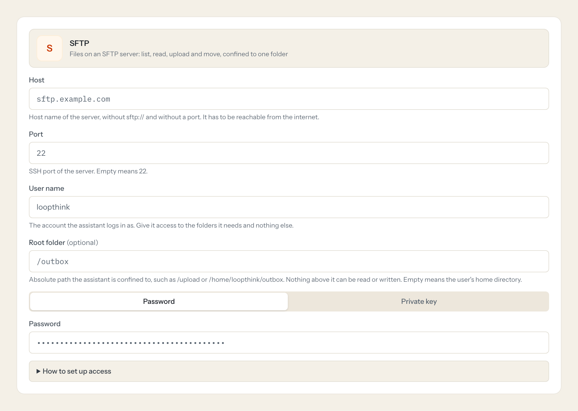 The SFTP connection form in Loopthink: host, port, user name, root folder and the credentials