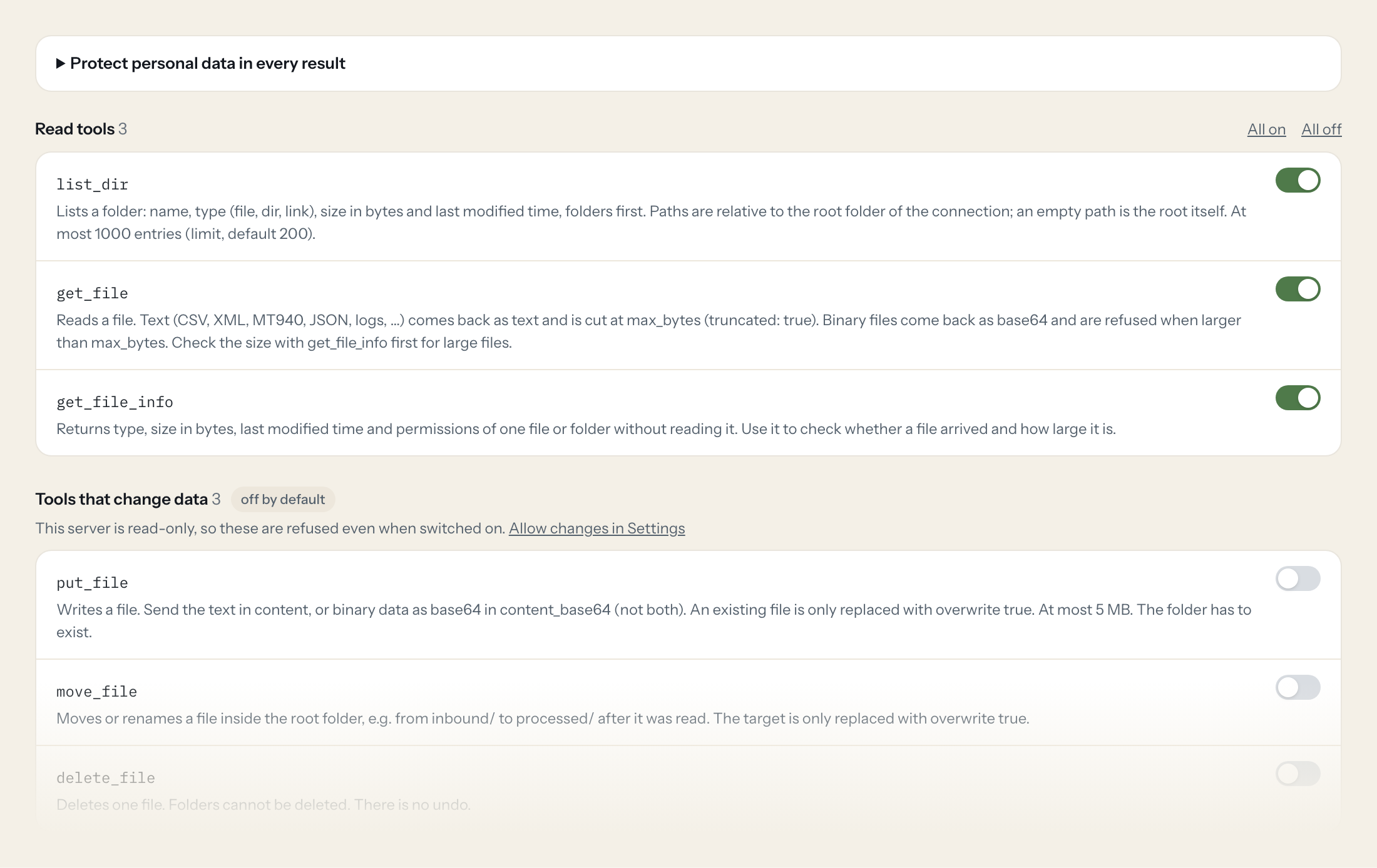 The Tools tab of the SFTP server in Loopthink: each tool with its own switch