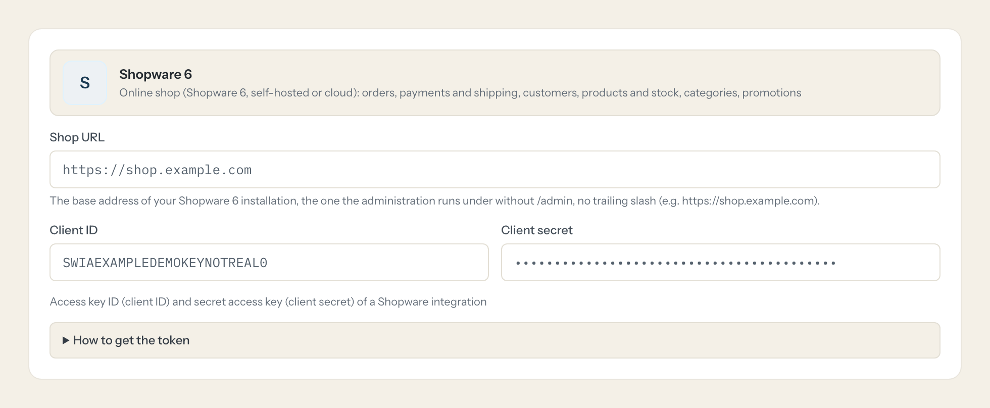 Das Shopware 6-Verbindungsformular in Loopthink: shop url und der Token