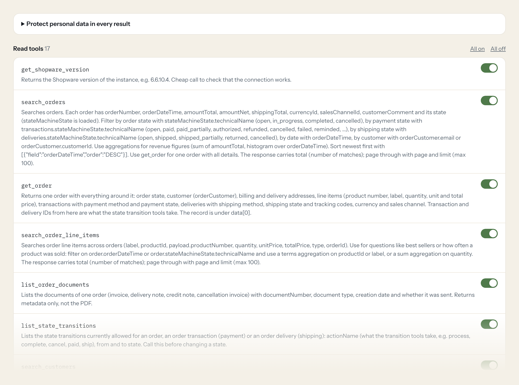 Der Tools-Tab des Shopware 6-Servers in Loopthink: jedes Tool mit eigenem Schalter
