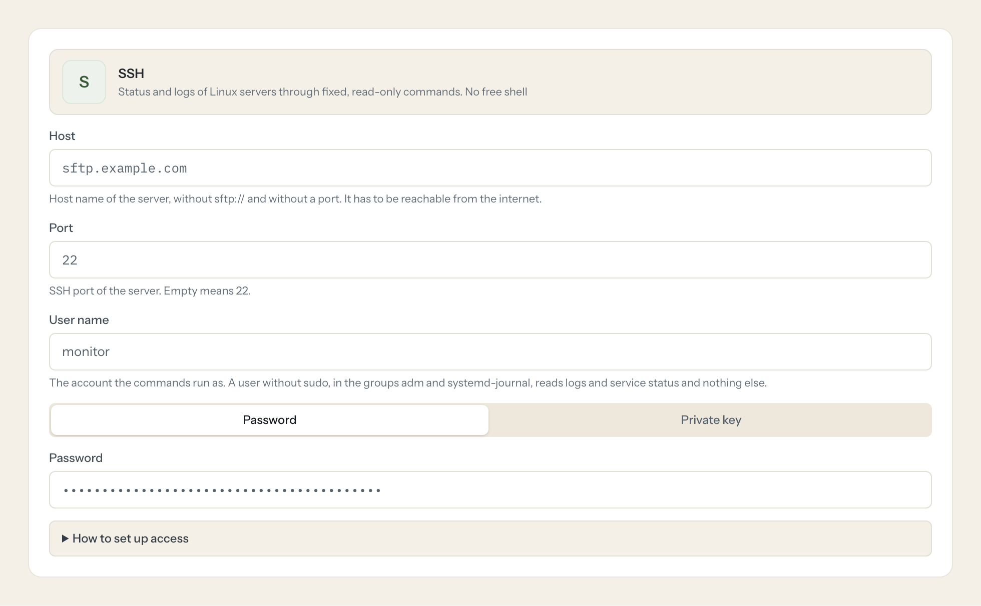 The SSH connection form in Loopthink: host, port, user name and the credentials