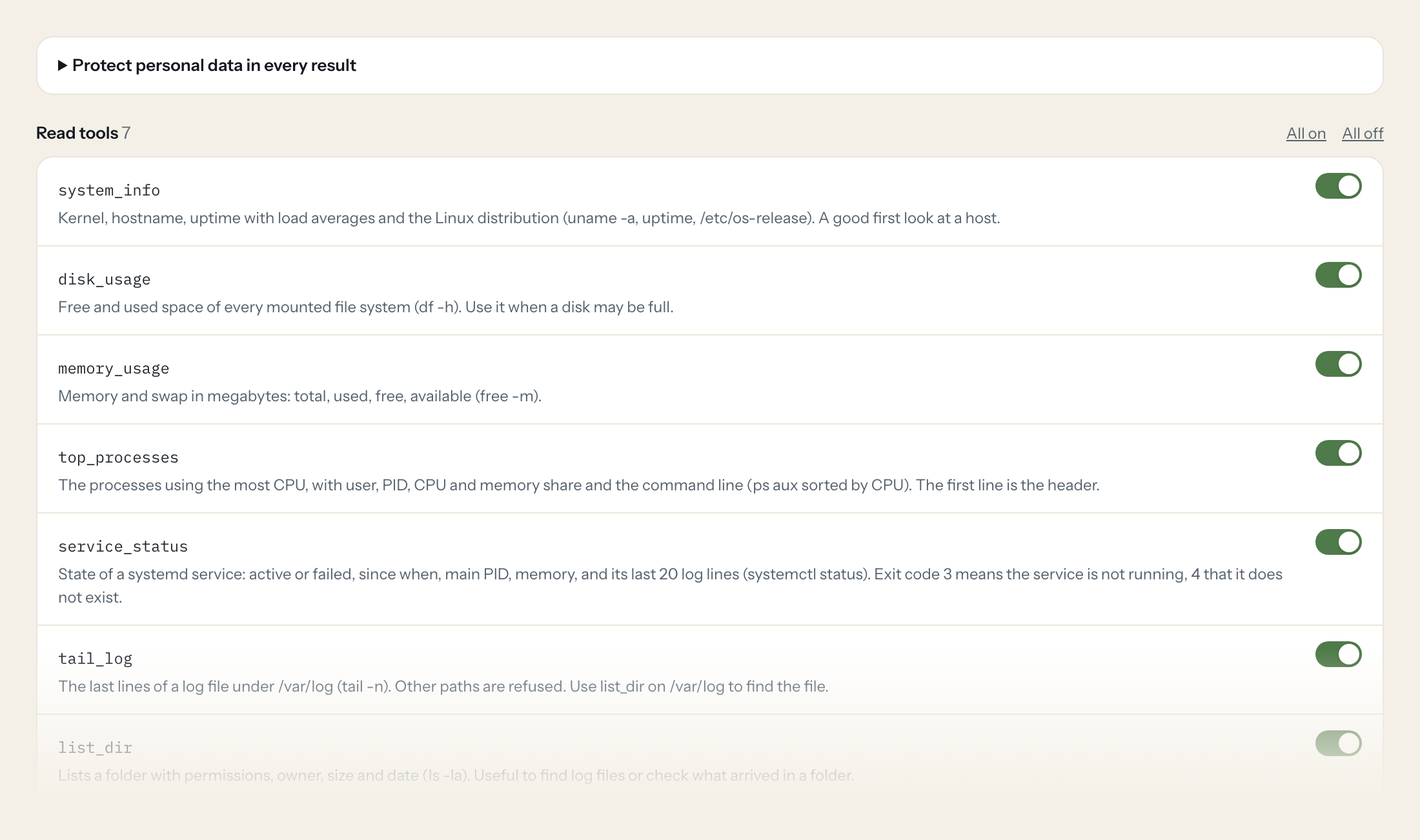 The Tools tab of the SSH server in Loopthink: each tool with its own switch