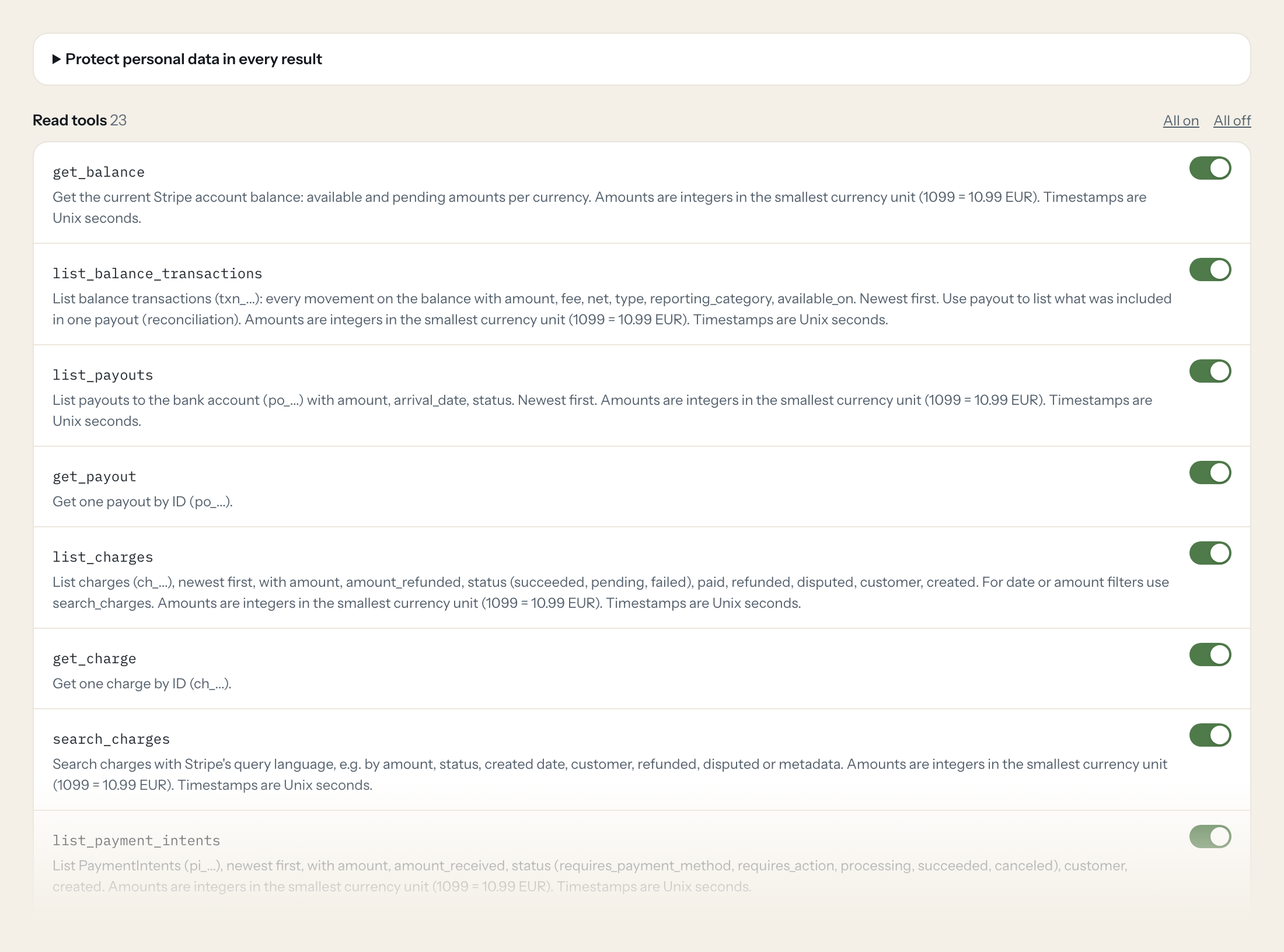Der Tools-Tab des Stripe-Servers in Loopthink: jedes Tool mit eigenem Schalter