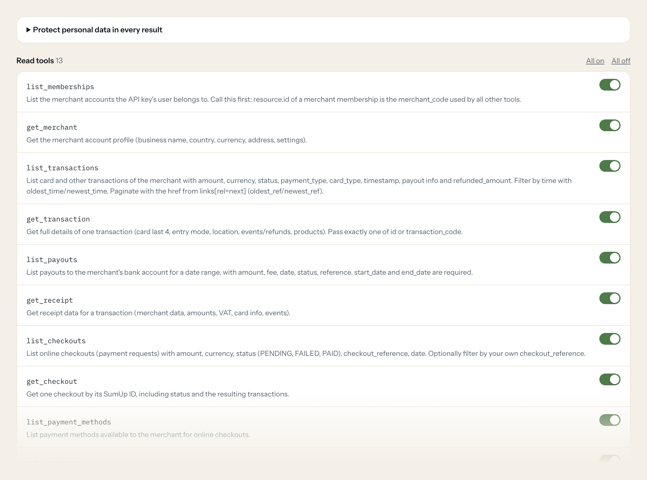 The Tools tab of the SumUp server in Loopthink: each tool with its own switch