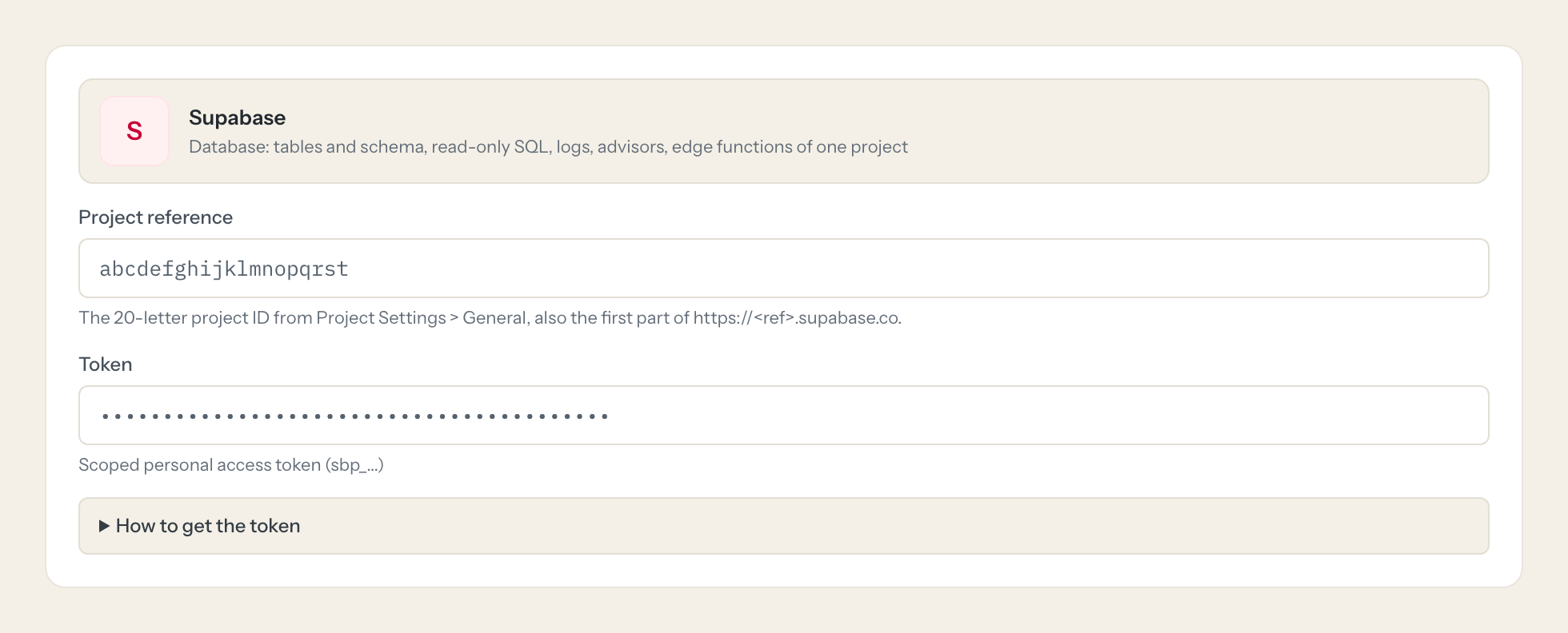 Das Supabase-Verbindungsformular in Loopthink: project reference und der Token