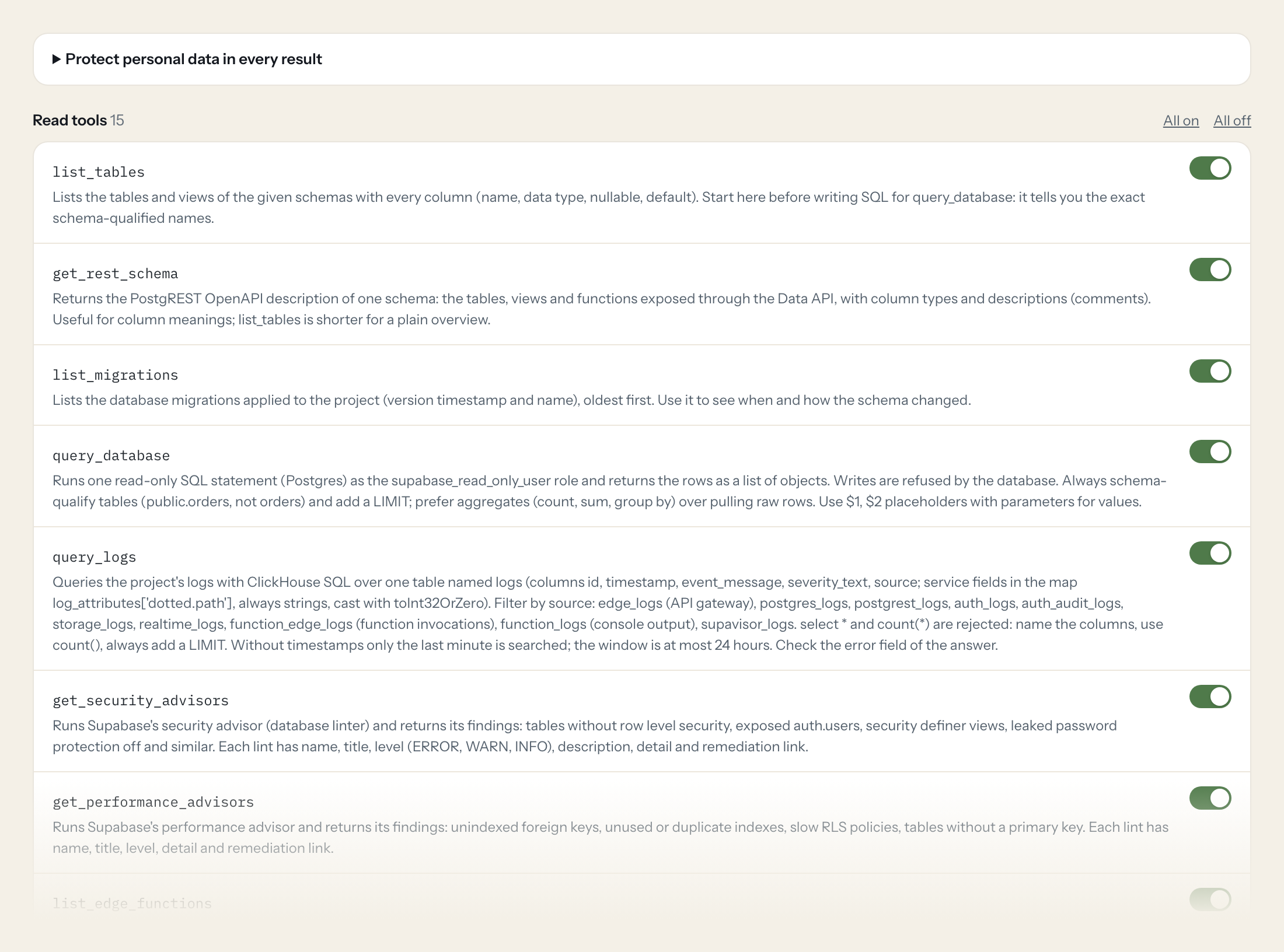 Der Tools-Tab des Supabase-Servers in Loopthink: jedes Tool mit eigenem Schalter