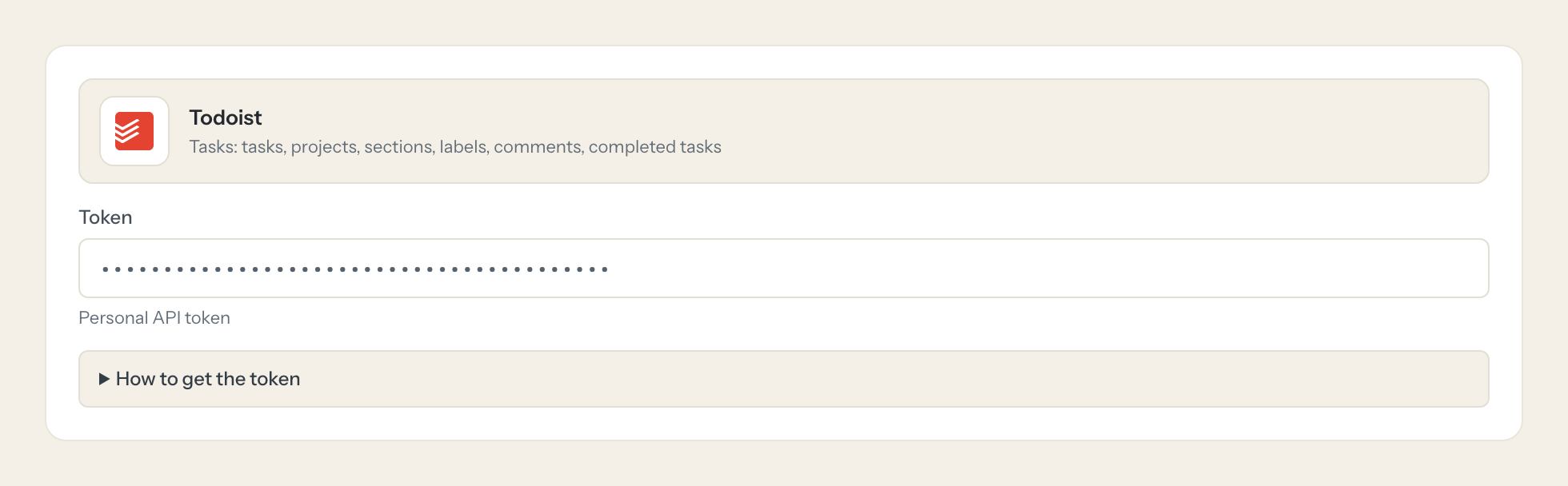 The Todoist connection form in Loopthink: the token