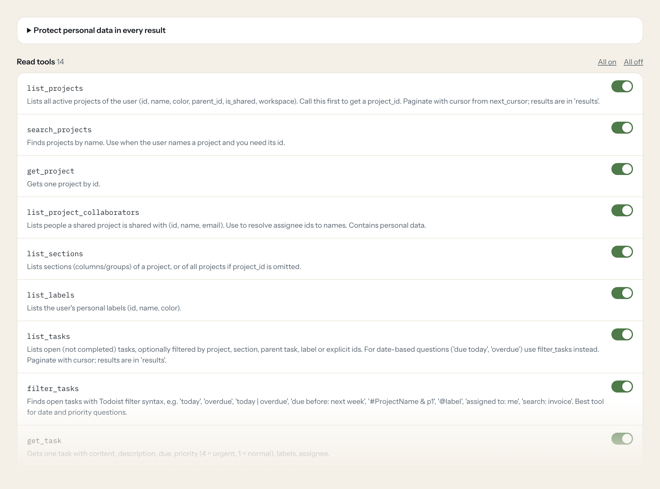 The Tools tab of the Todoist server in Loopthink: each tool with its own switch