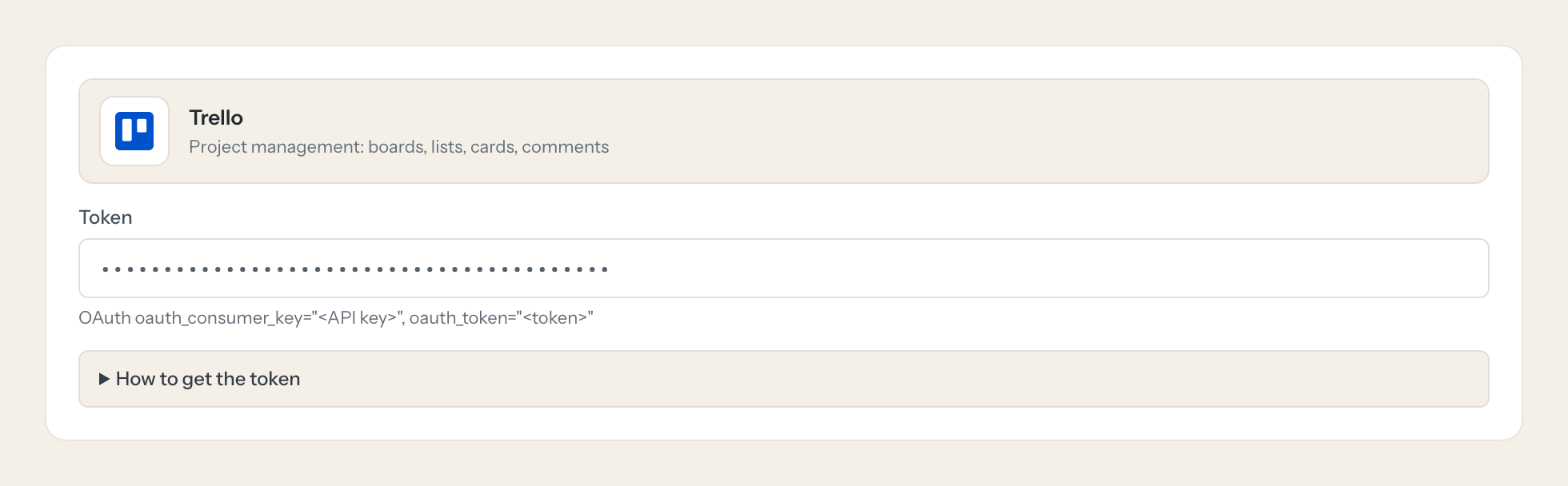 The Trello connection form in Loopthink: the token