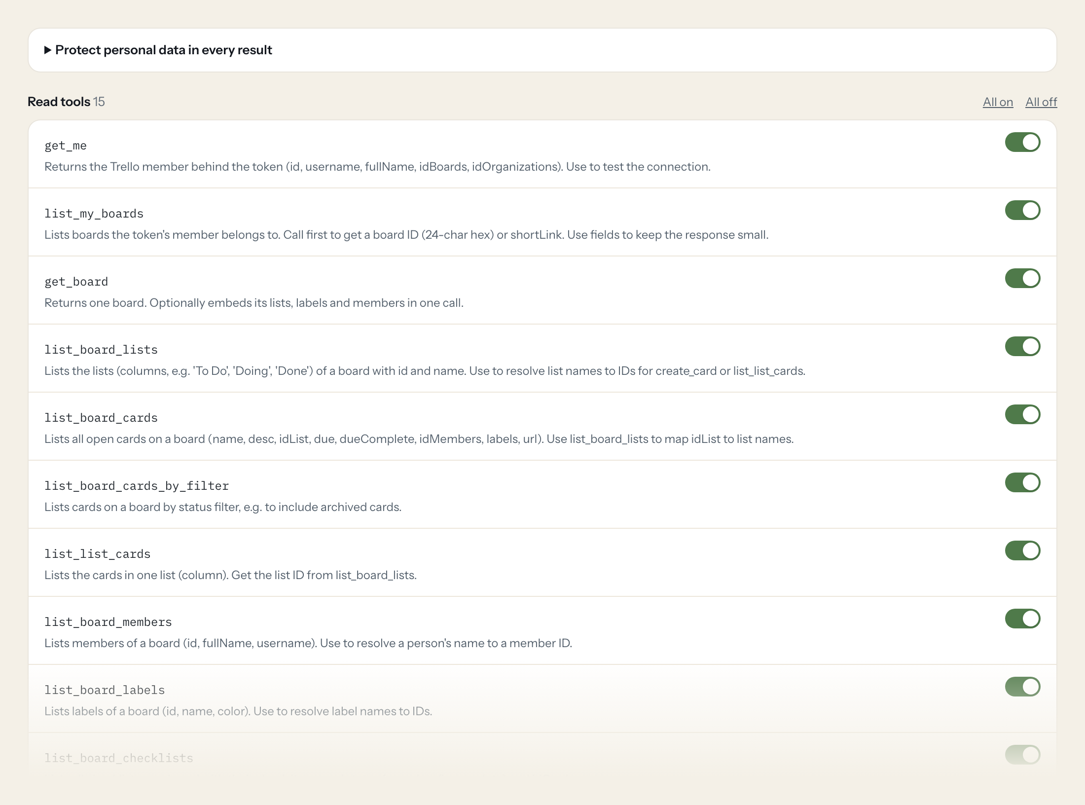 The Tools tab of the Trello server in Loopthink: each tool with its own switch
