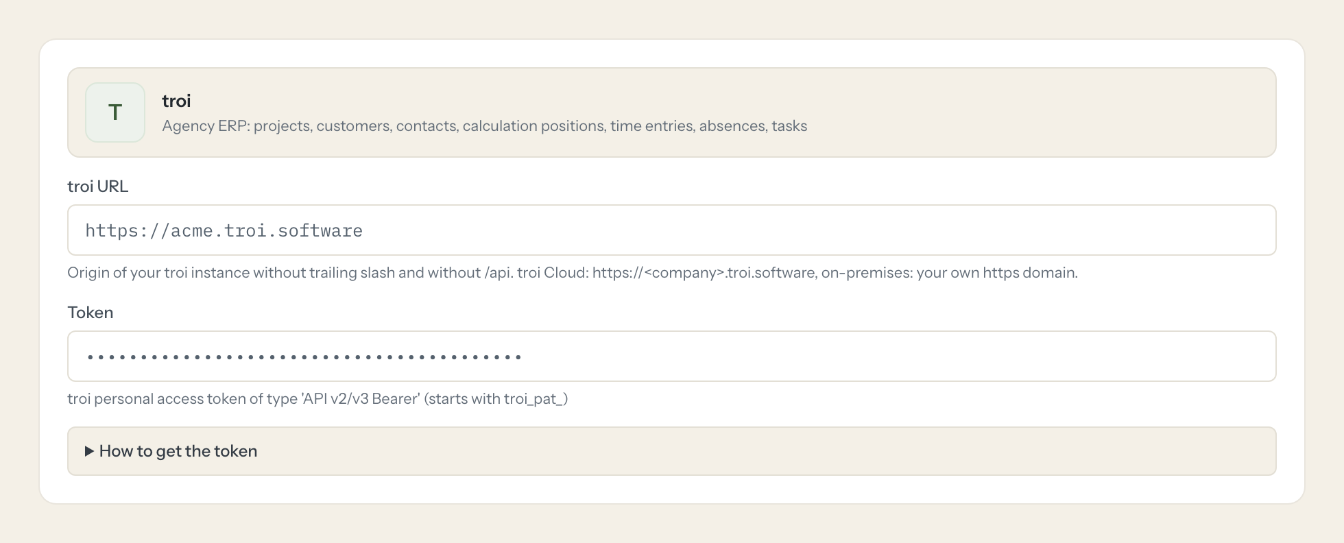 The troi connection form in Loopthink: troi url and the token