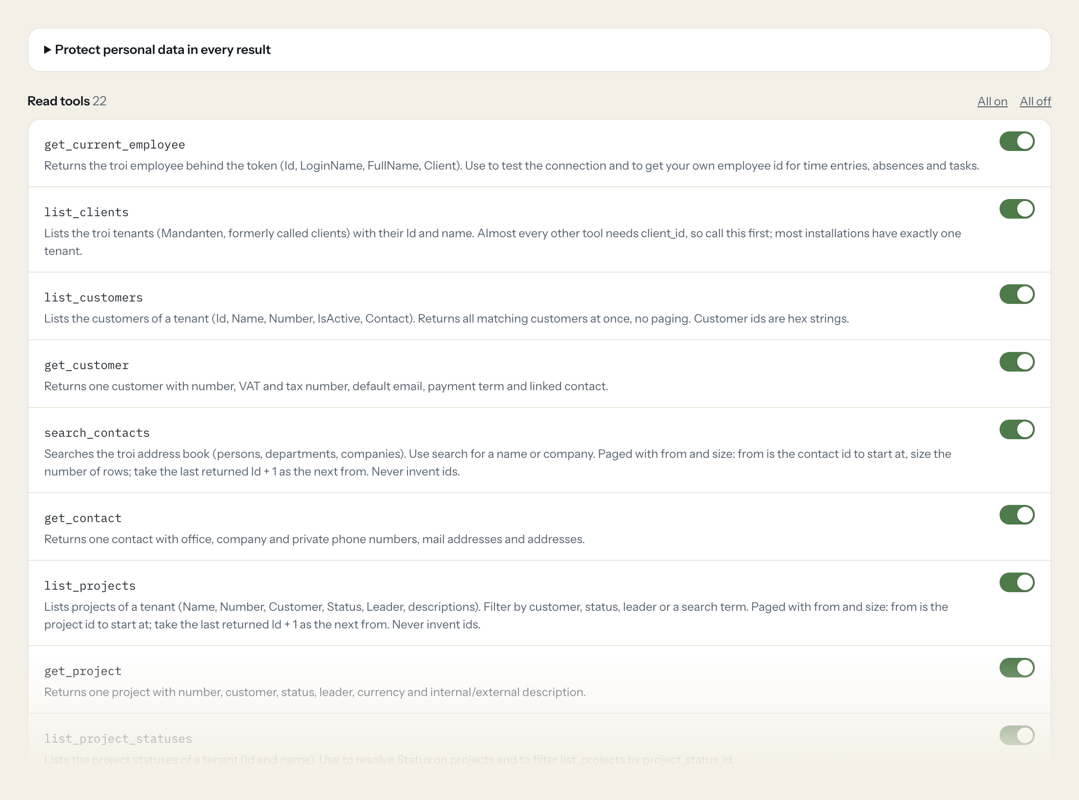 The Tools tab of the troi server in Loopthink: each tool with its own switch