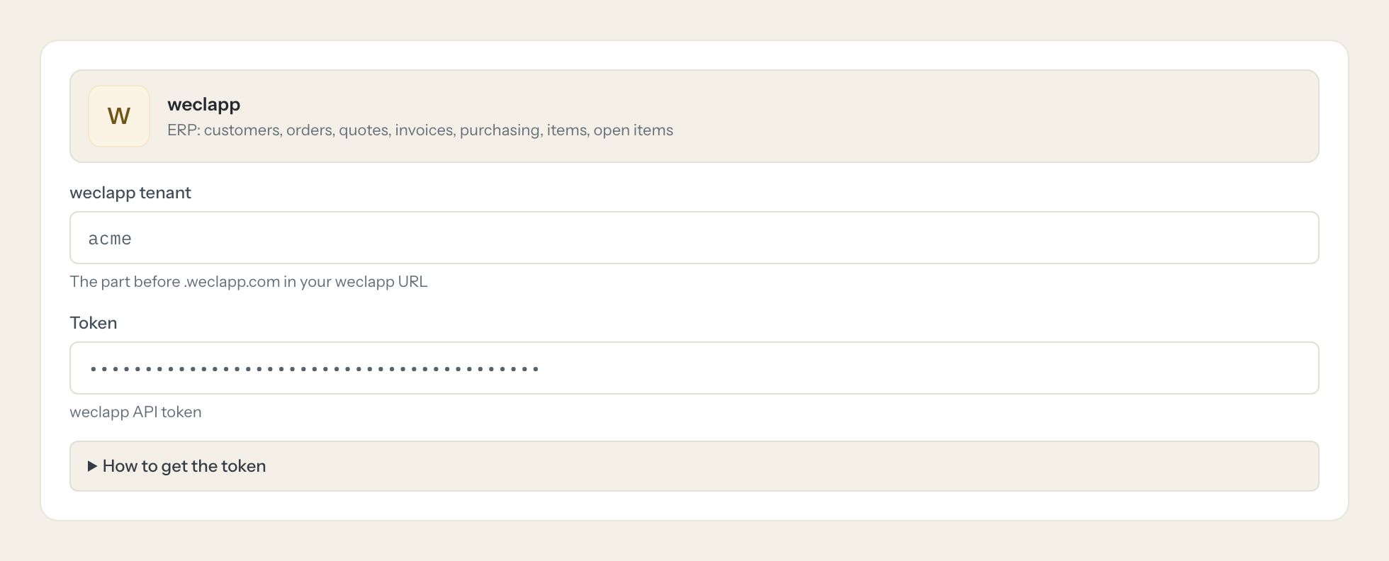 The weclapp connection form in Loopthink: weclapp tenant and the token