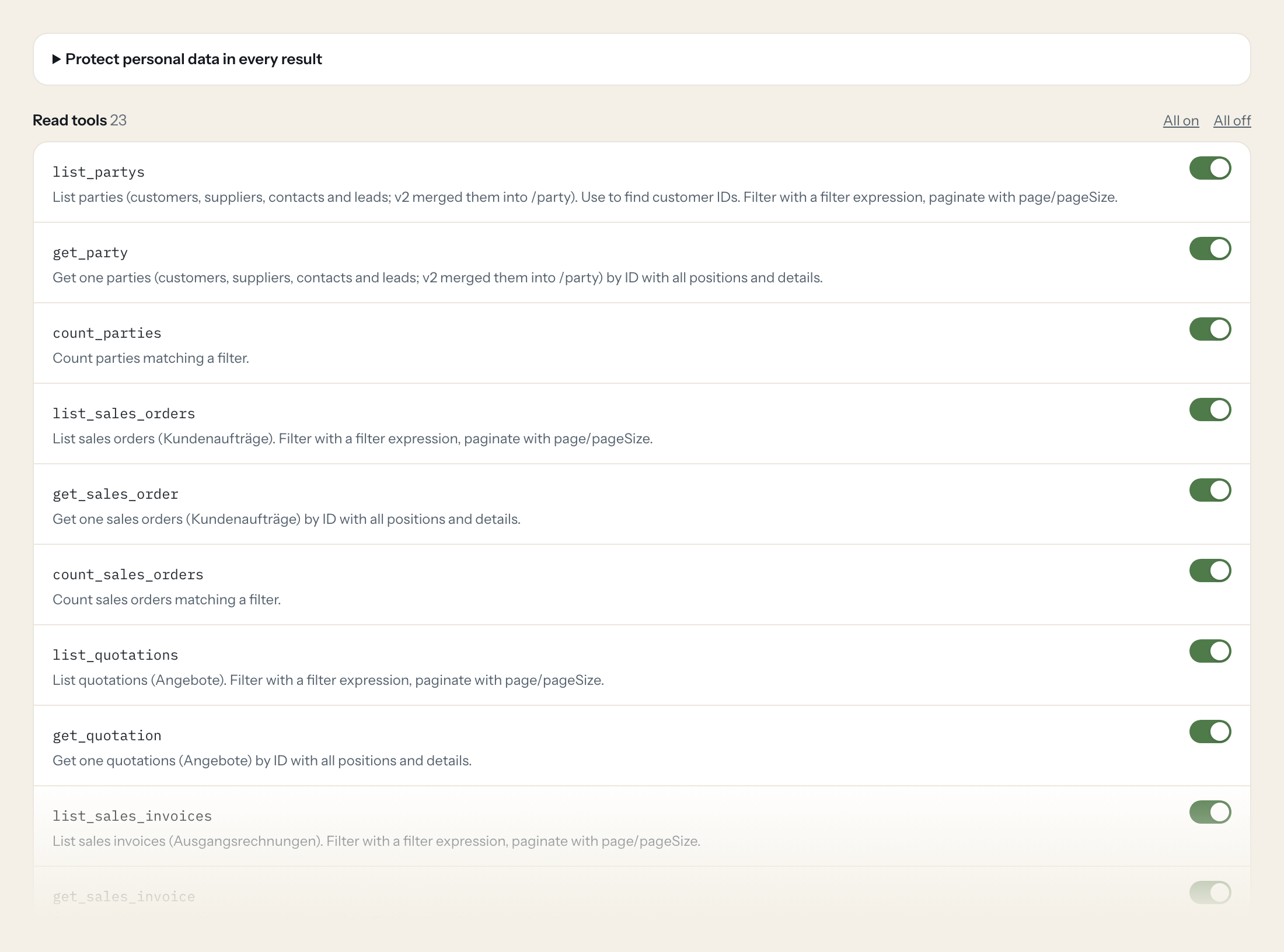 The Tools tab of the weclapp server in Loopthink: each tool with its own switch