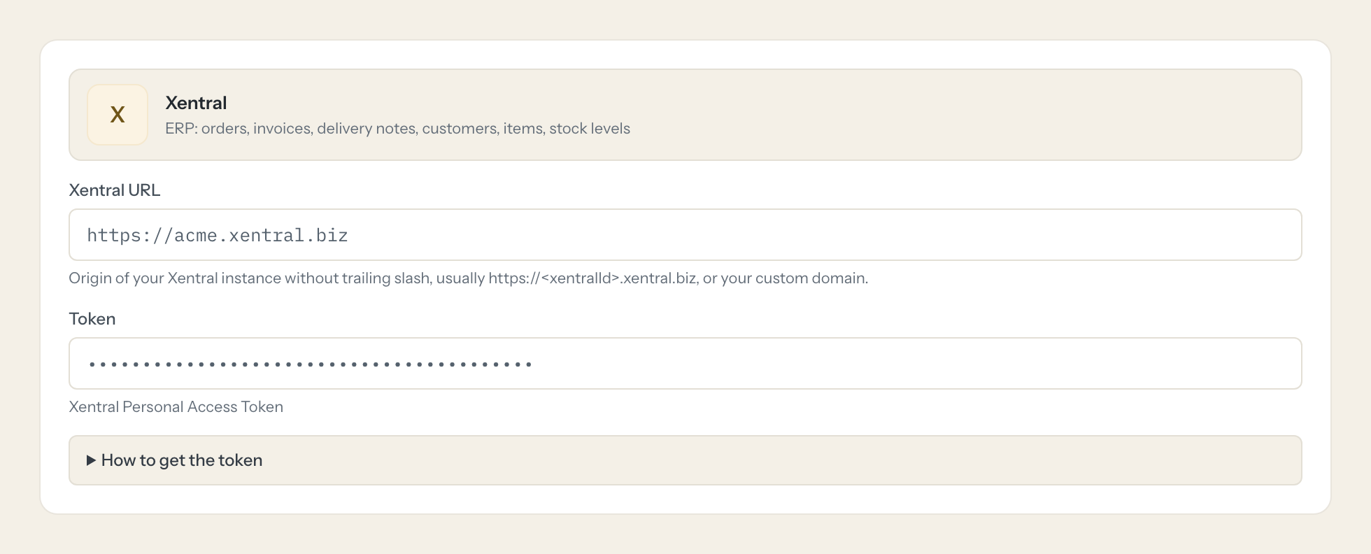 The Xentral connection form in Loopthink: xentral url and the token