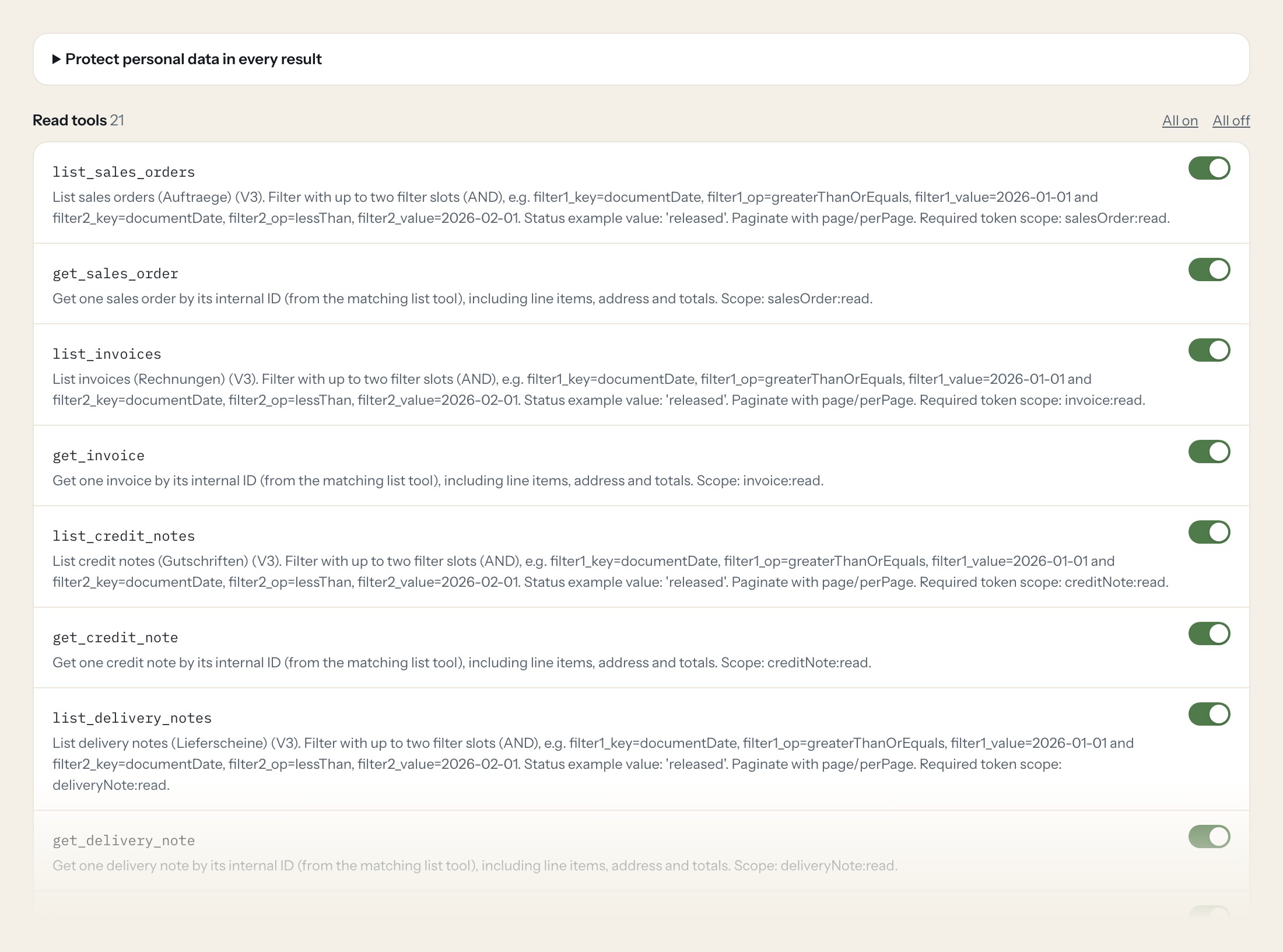 The Tools tab of the Xentral server in Loopthink: each tool with its own switch