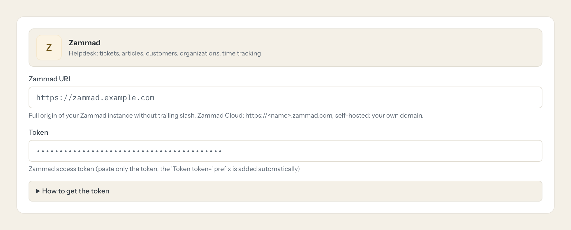 The Zammad connection form in Loopthink: zammad url and the token