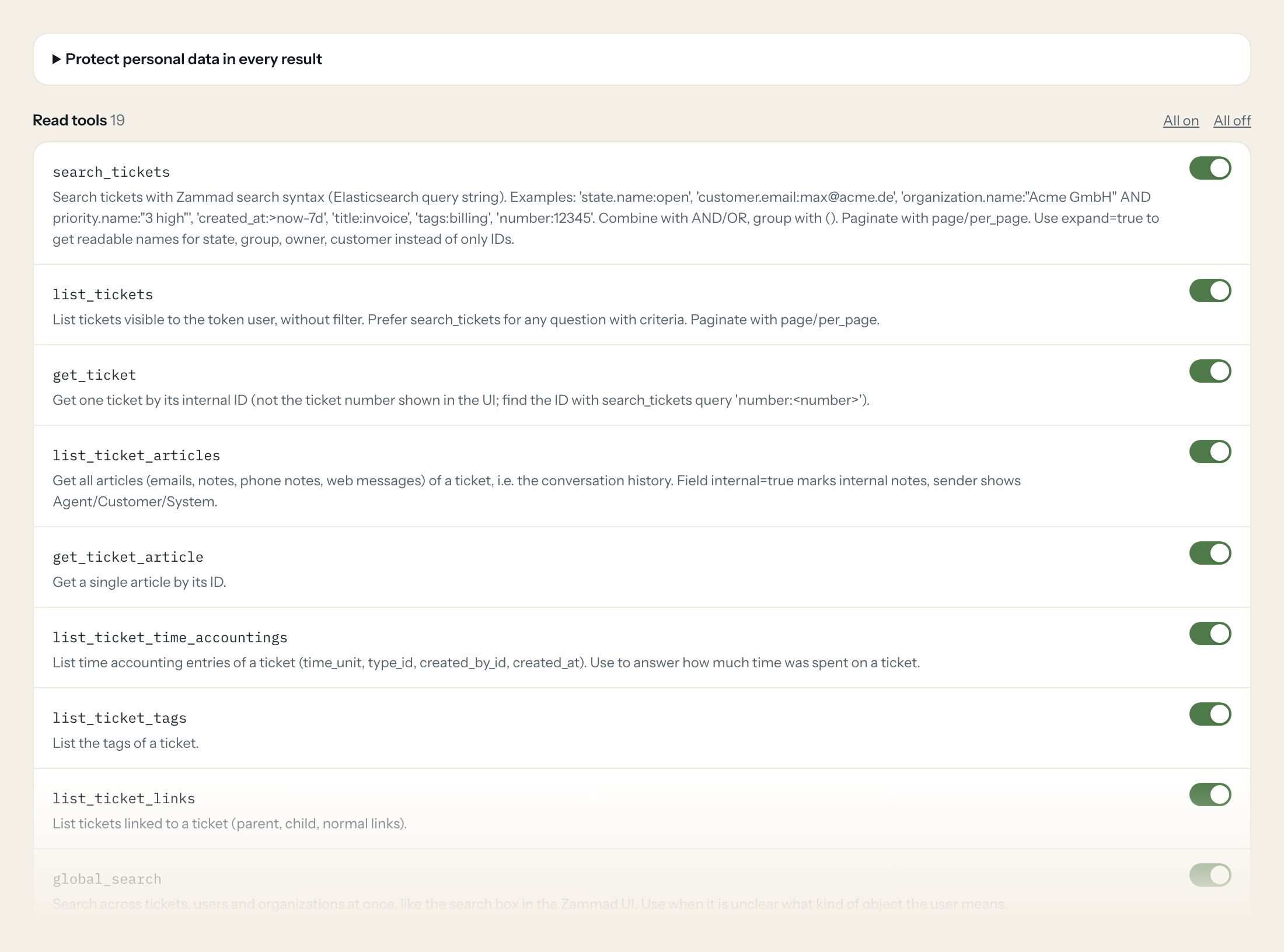 The Tools tab of the Zammad server in Loopthink: each tool with its own switch